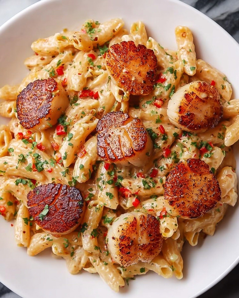This image shows a creamy pasta dish with a white sauce base mixed with tube-shaped pasta, likely rigatoni, evenly coated in the sauce. Scattered throughout are large, golden-brown scallops with a lightly crispy, caramelized crust on top, adding texture and a warm color contrast. Small bits of red, possibly sun-dried tomatoes or red peppers, are mixed in, giving a pop of red color against the creaminess. Finely chopped green herbs are sprinkled lightly over the dish, adding a fresh green touch. The whole dish looks rich, smooth, and well-mixed, with the scallops standing out as the main feature. The background surface is a white marbled texture, enhancing the dish’s colors. photo taken with an iphone --ar 4:5 --v 7