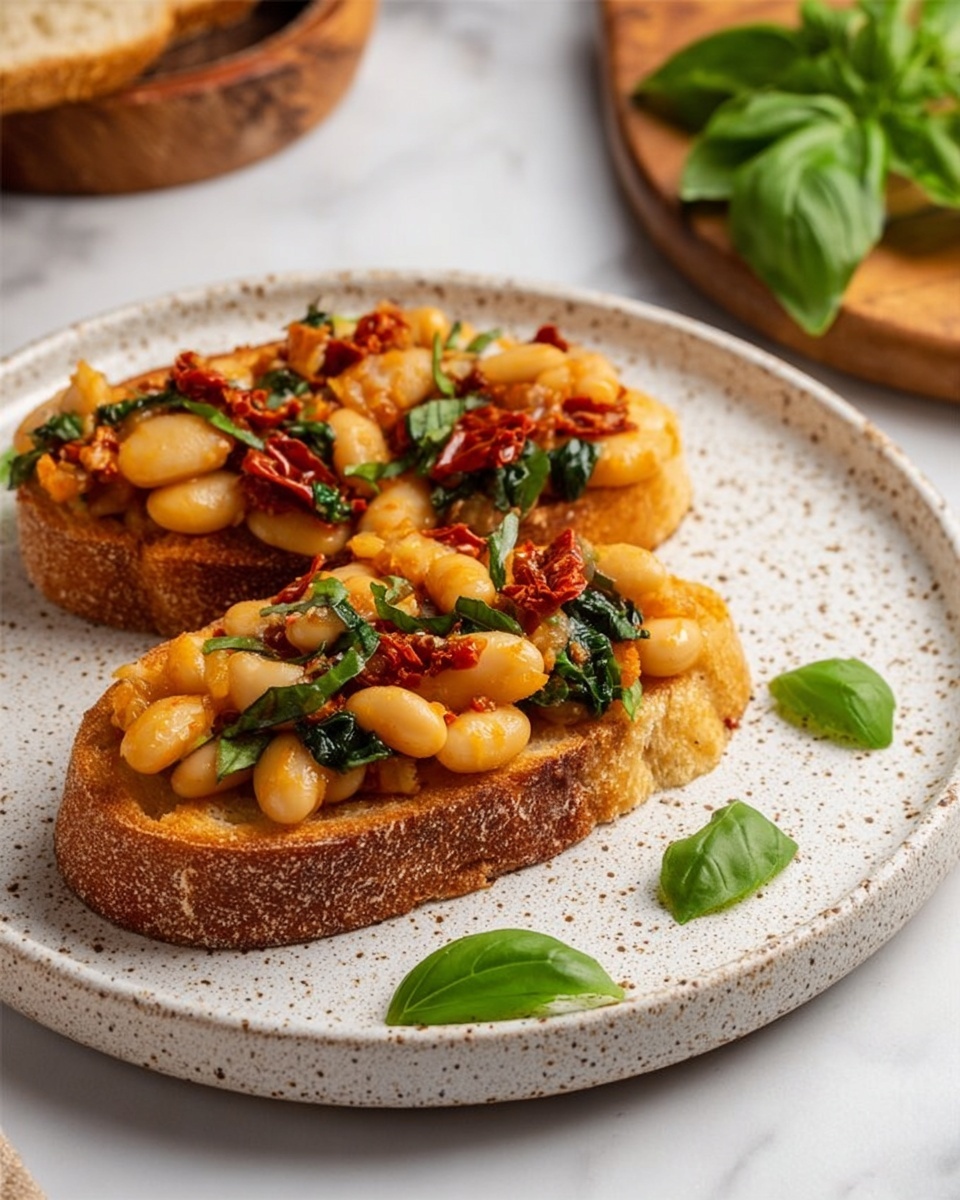 Two slices of toasted bread topped with large white beans mixed with small pieces of sun-dried tomatoes and chopped green basil leaves. The beans have a soft, slightly shiny texture and a yellowish color. The bread is light brown and crusty, placed side by side on a white speckled round plate sitting on a white marbled surface. Some fresh green basil leaves lie next to the plate, and a wooden dish with more basil leaves is blurred in the background. photo taken with an iphone --ar 4:5 --v 7