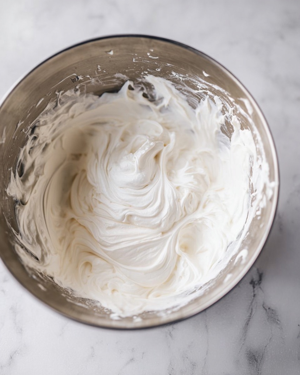 A close-up view of a metal bowl filled with thick white whipped cream. The cream has smooth, creamy swirls and peaks, with a shiny texture that shows it has been freshly whipped. The bowl sits on a white marbled surface, and the edges of the bowl have some cream stuck to them, adding to the fresh and fluffy look of the whipped cream photo taken with an iphone --ar 4:5 --v 7
