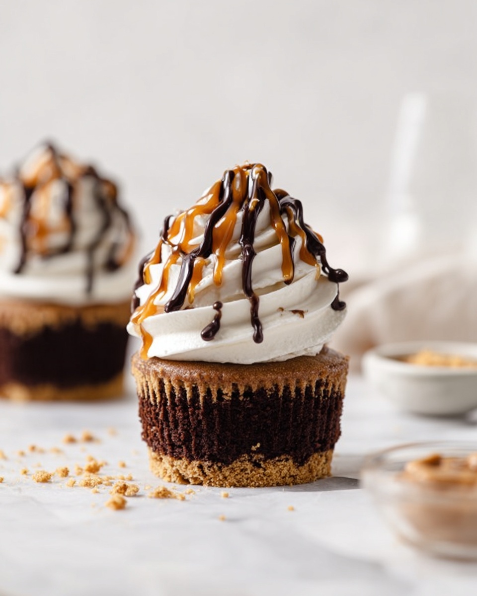 The image shows a close-up of a dessert with three clear layers on a white marbled surface. The bottom layer is a crumbly, light brown crust, giving a firm base. The middle layer is thick, dark brown, rich, and moist chocolate filling. The top layer is a tall, fluffy white cream with a soft texture, slightly peaked. The cream is drizzled with thin lines of dark chocolate sauce. The dessert is cut in half, showing the inside layers clearly. In the background, there is another whole dessert and some blurred kitchen objects in soft focus. Photo taken with an iphone --ar 4:5 --v 7