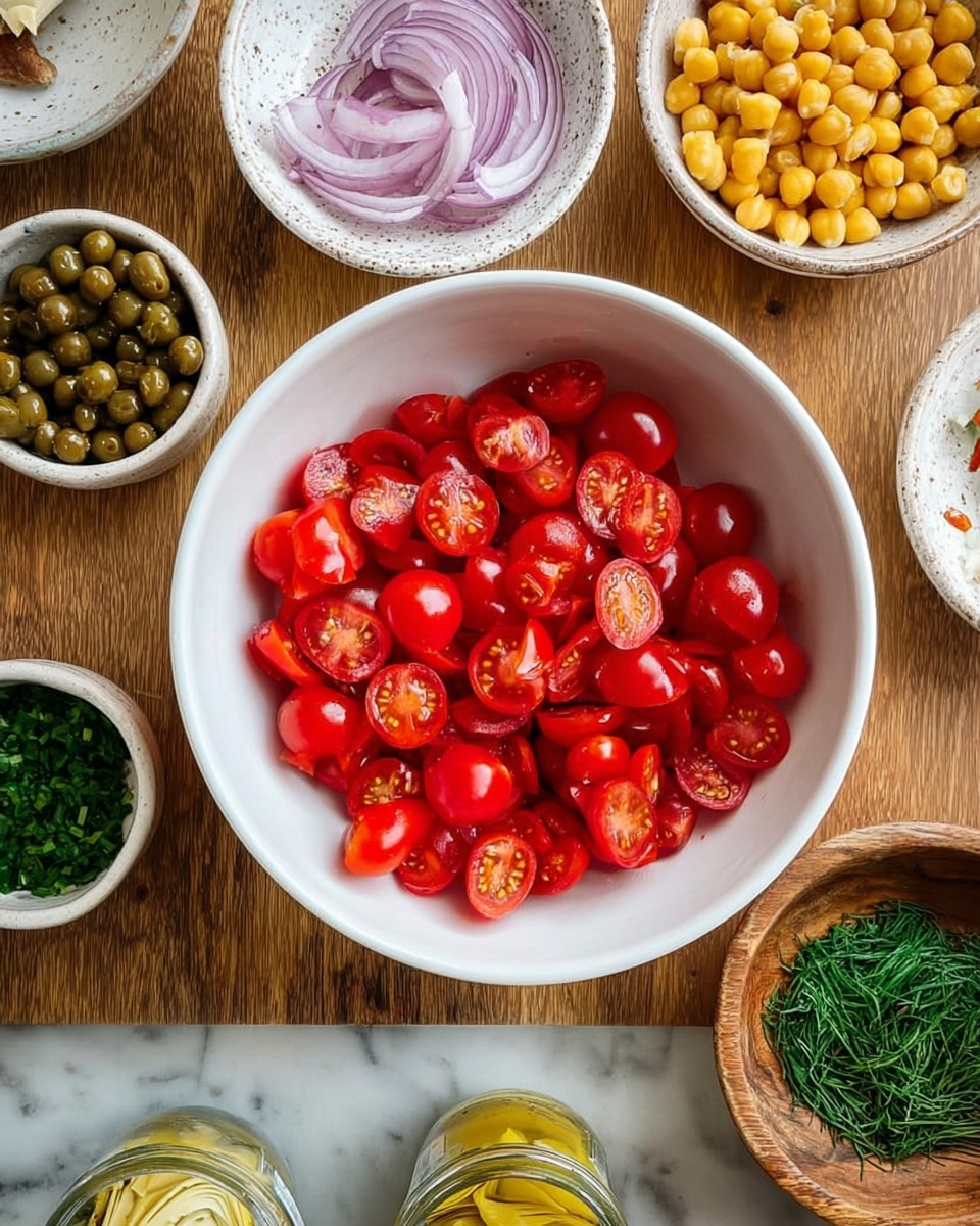 The image shows a white bowl in the center filled with bright red cherry tomatoes, sliced in halves showing their juicy inside. Surrounding the bowl on a wooden table are smaller bowls and containers with different ingredients: a speckled bowl with thin rings of purple onion to the upper left, a white bowl with yellow chickpeas on the upper right, a small white bowl with green chopped herbs on the lower left, a small white bowl with dark green capers near the bottom left, a glass jar with yellow artichoke hearts at the bottom center, and a wooden bowl with finely chopped dark green chives on the right. There is a light reflection on the tomatoes showing their smooth texture. The whole setup is on a white marbled surface behind and around the wooden table photo taken with an iphone --ar 4:5 --v 7