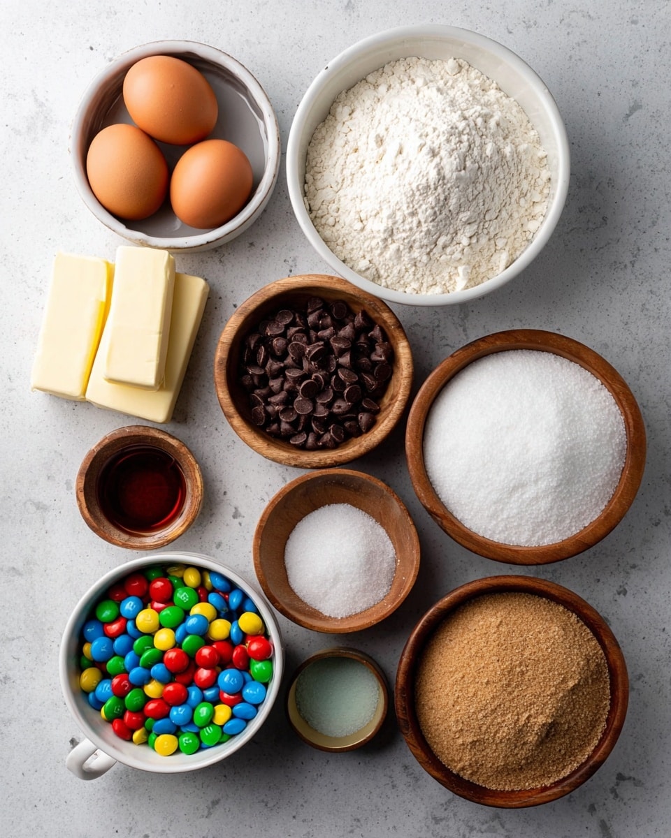 The image shows a flat lay of baking ingredients on a white marbled surface. There are three brown eggs in a small white bowl at the top left. Next to it on the right is a large white bowl filled with white flour. Below the eggs are three sticks of butter stacked in a row. In the center, a medium wooden bowl is filled with small dark chocolate chips. To the right of the chocolate chips is another medium wooden bowl filled with white sugar. Below the sugar, a lighter wooden bowl contains packed brown sugar. Near the bottom center, a white mug is full of colorful candy-coated chocolates with red, blue, green, yellow, and orange colors. On the left side and below the butter, there are three small wooden bowls with vanilla extract, baking powder, and salt. The arrangement is clean and balanced. Photo taken with an iphone --ar 4:5 --v 7