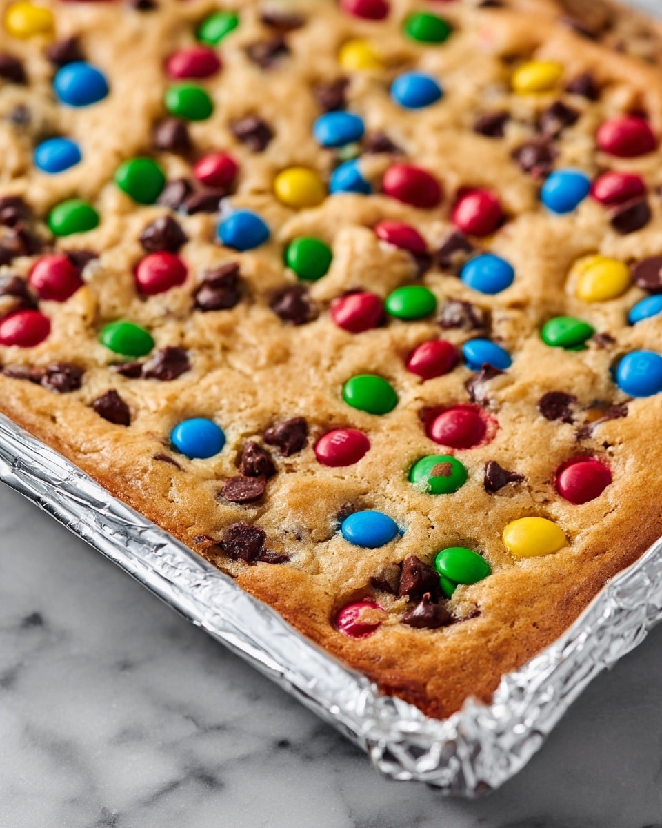 The image shows a close-up of a thick baked bar with one layer of soft, golden-brown dough mixed with small dark brown chocolate chips and colorful candy-coated chocolates in red, blue, yellow, green, and orange scattered evenly on top, giving it a bright and playful look. The bar is inside a foil-lined white baking tray, and the background surface has a white marbled texture. Photo taken with an iphone --ar 4:5 --v 7