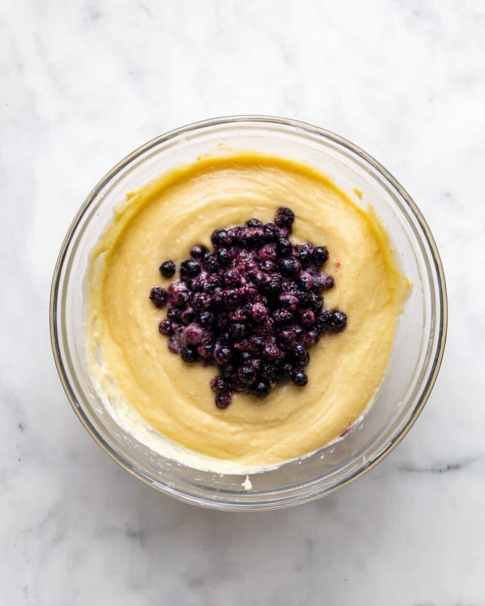 A clear glass bowl sits on a white marbled surface, filled with a smooth, thick pale yellow batter. On top of the batter, there is a pile of small, dark purple frozen berries scattered in the center, adding texture and contrast. The batter is evenly spread inside the bowl with some batter clinging lightly to the sides. Photo taken with an iphone --ar 4:5 --v 7