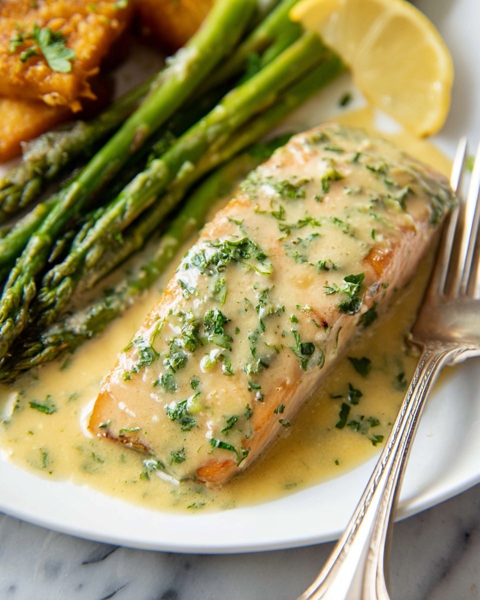 The image shows a white plate with three main layers: on the bottom is a creamy light yellow sauce flecked with green herbs, spreading out beneath the other layers; on the right side lies a cooked light brown salmon fillet covered with the same sauce, which looks smooth and slightly shiny, with visible bits of green parsley and garlic; to the left of the salmon are bright green asparagus spears laid close together, with a slightly roasted texture showing some char marks; in the background left corner, there is a small portion of golden brown crispy food, possibly fried, and a wedge of yellow lemon is partially visible on the plate's edge; a silver fork rests at the bottom right corner touching the sauce on a white marbled surface beneath the plate. Photo taken with an iphone --ar 4:5 --v 7