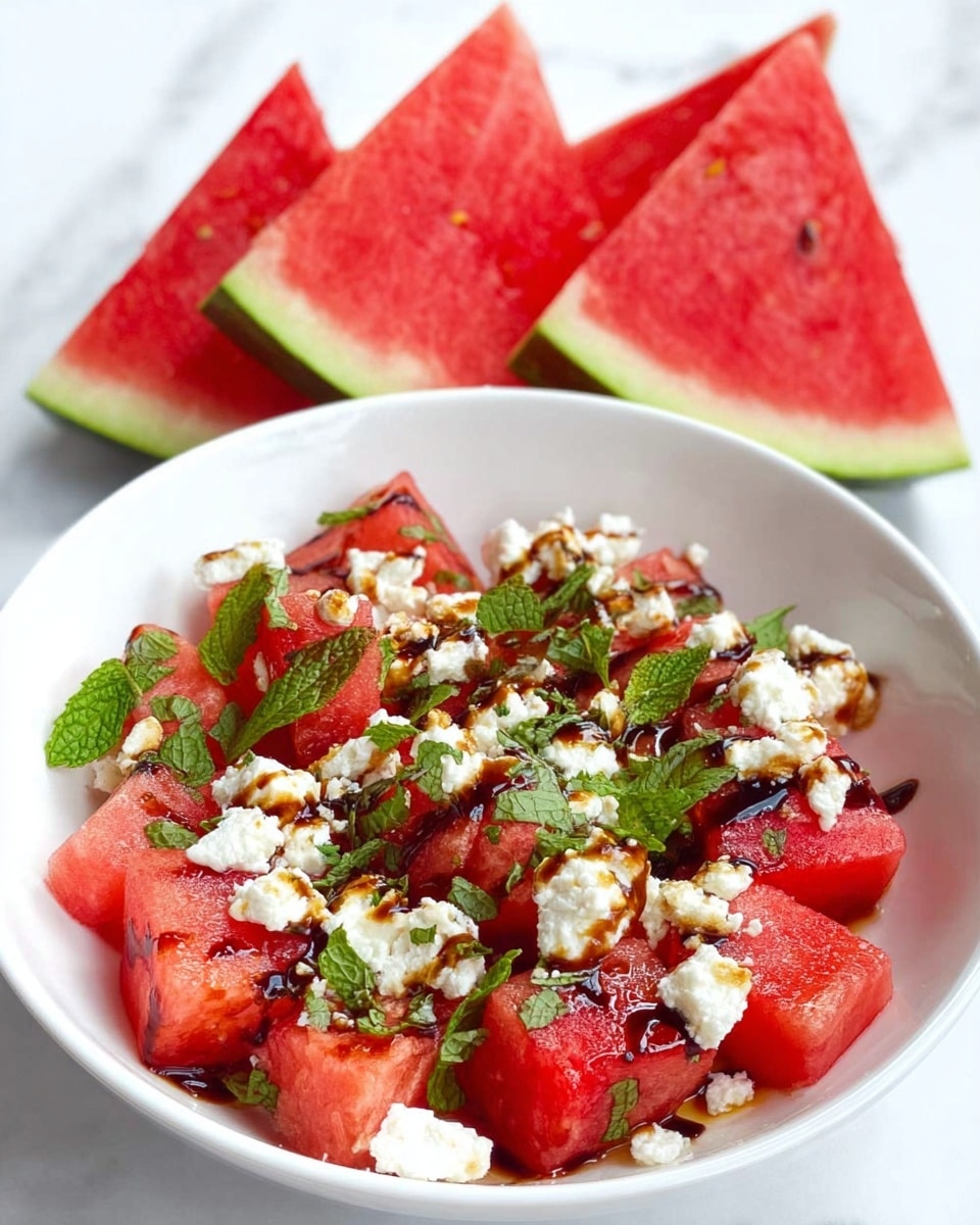 A white round bowl filled with a watermelon salad sits on a white marbled surface. The salad has a base of red watermelon cubes, scattered with small white feta cheese chunks and finely chopped green mint leaves on top. A dark balsamic glaze is drizzled lightly over the salad. Around the bowl, there are four triangular slices of watermelon with green rinds leaning against the bowl, and a small bunch of fresh green mint leaves placed beside them. Photo taken with an iphone --ar 4:5 --v 7
