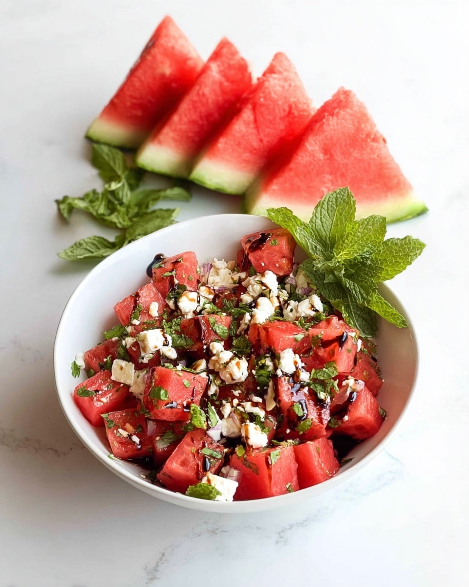 A white bowl filled with three layers: the bottom layer is cut pieces of bright red watermelon with light green edges, the middle layer has small chunks of white cheese scattered evenly, and the top layer is sprinkled with chopped green mint leaves and drizzled with dark brown sauce. Behind the bowl, there are three large triangular slices of watermelon with bright red flesh and green rind, placed against a white marbled surface. Photo taken with an iphone --ar 4:5 --v 7
