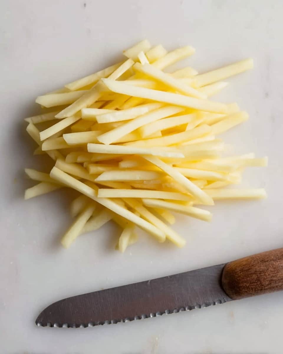 The image shows a pile of pale yellow potato sticks placed on a white marbled surface. The sticks are thin and uniform in size, neatly arranged in a small heap towards the center. Below the potato sticks, near the bottom edge of the image, lies a knife with a wooden handle and a jagged edge blade. The scene is simple, highlighting the pale yellow color and smooth texture of the potato sticks against the clean white marbled background. photo taken with an iphone --ar 4:5 --v 7