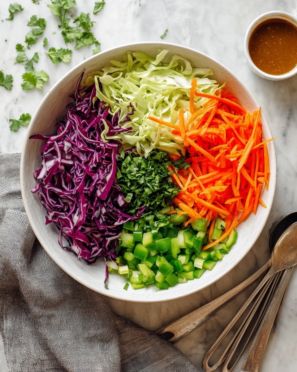 A white bowl filled with six separate piles of thinly sliced vegetables arranged in a circle: deep purple cabbage at the top left, light green cabbage at the top right, bright orange carrot sticks below the green cabbage, chopped green bell pepper next to the carrots, sliced green onions below the purple cabbage, and finely chopped cilantro in the center. The bowl sits on a white marbled surface with scattered chopped herbs nearby, a gray cloth at the bottom left, and a sauce container with brown dressing to the right. Two metal serving spoons lay beside the bowl. Photo taken with an iphone --ar 4:5 --v 7