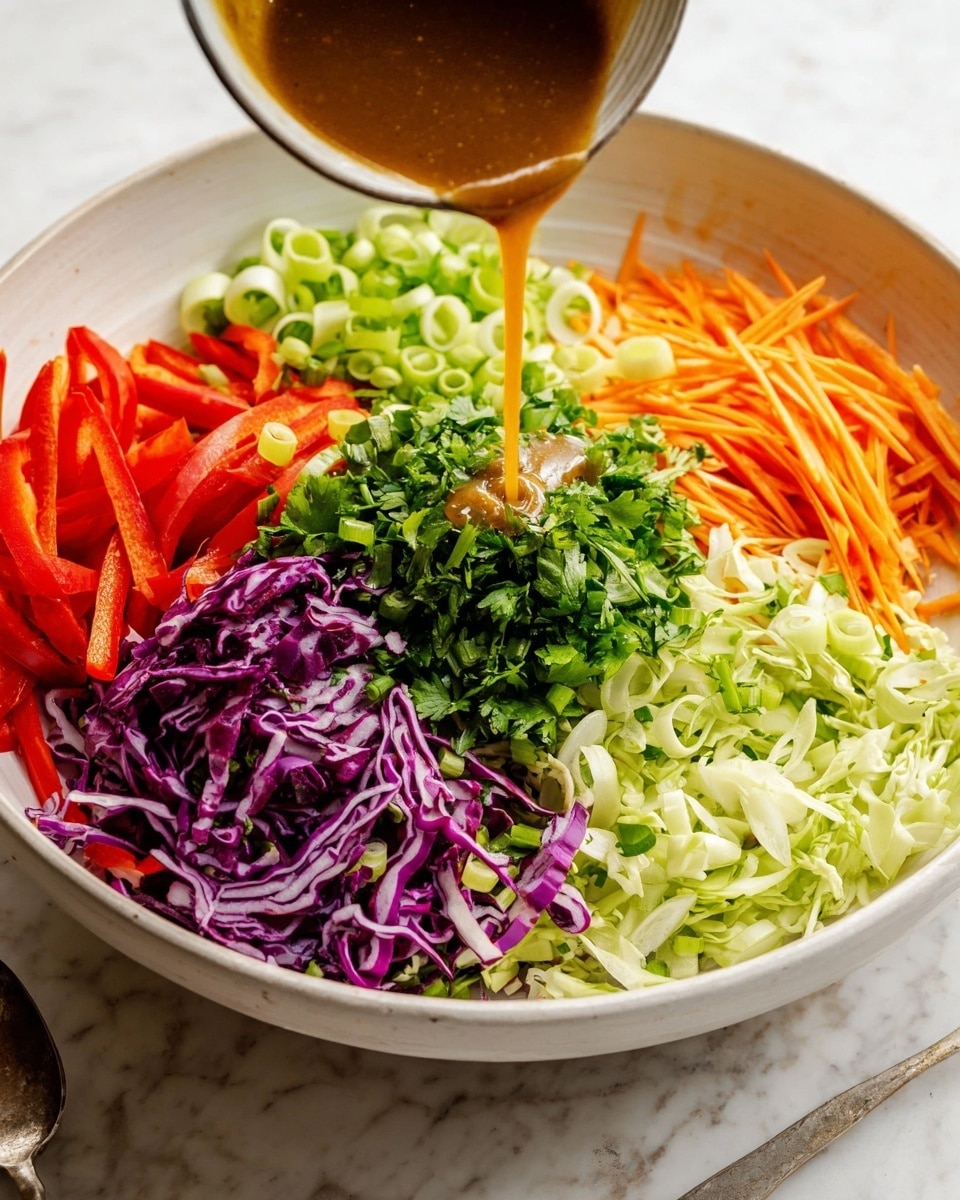 A large white bowl on a white marbled surface holds a colorful salad arranged in separate sections. There are thin red bell pepper strips on the left, next to circular slices of light green scallions. Bright purple shredded cabbage fills the top left area, with a generous pile of fresh dark green chopped herbs in the center. To the right of the herbs, bright orange carrot sticks sit above small chopped green bell peppers, beside the finely shredded pale green cabbage on the upper right. A brown sauce is being poured from a small container into the bowl, captured mid-pour in the middle of the salad, and a white marbled surface is visible underneath the bowl along with a spoon nearby. Photo taken with an iphone --ar 4:5 --v 7