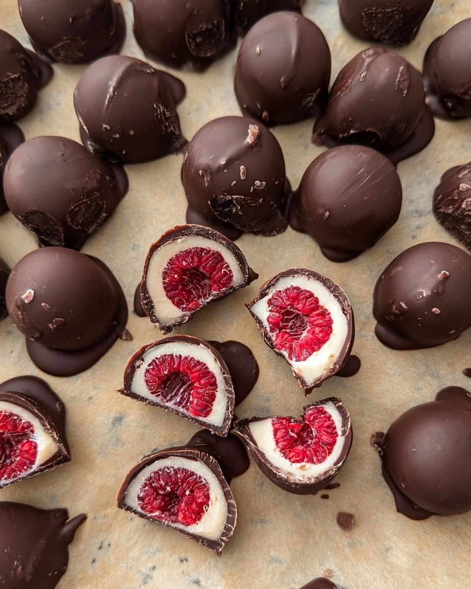 Many small round chocolate candies are spread on a light brown parchment paper over a white marbled surface. Most candies have a smooth, dark brown chocolate outer layer, while some are cut in half showing three layers inside: a bright red raspberry in the center with a bumpy texture, surrounded by a thick creamy white layer, all covered with a hard dark brown chocolate shell. Some chocolate has melted slightly, creating drips and small pools around the candies. photo taken with an iphone --ar 4:5 --v 7