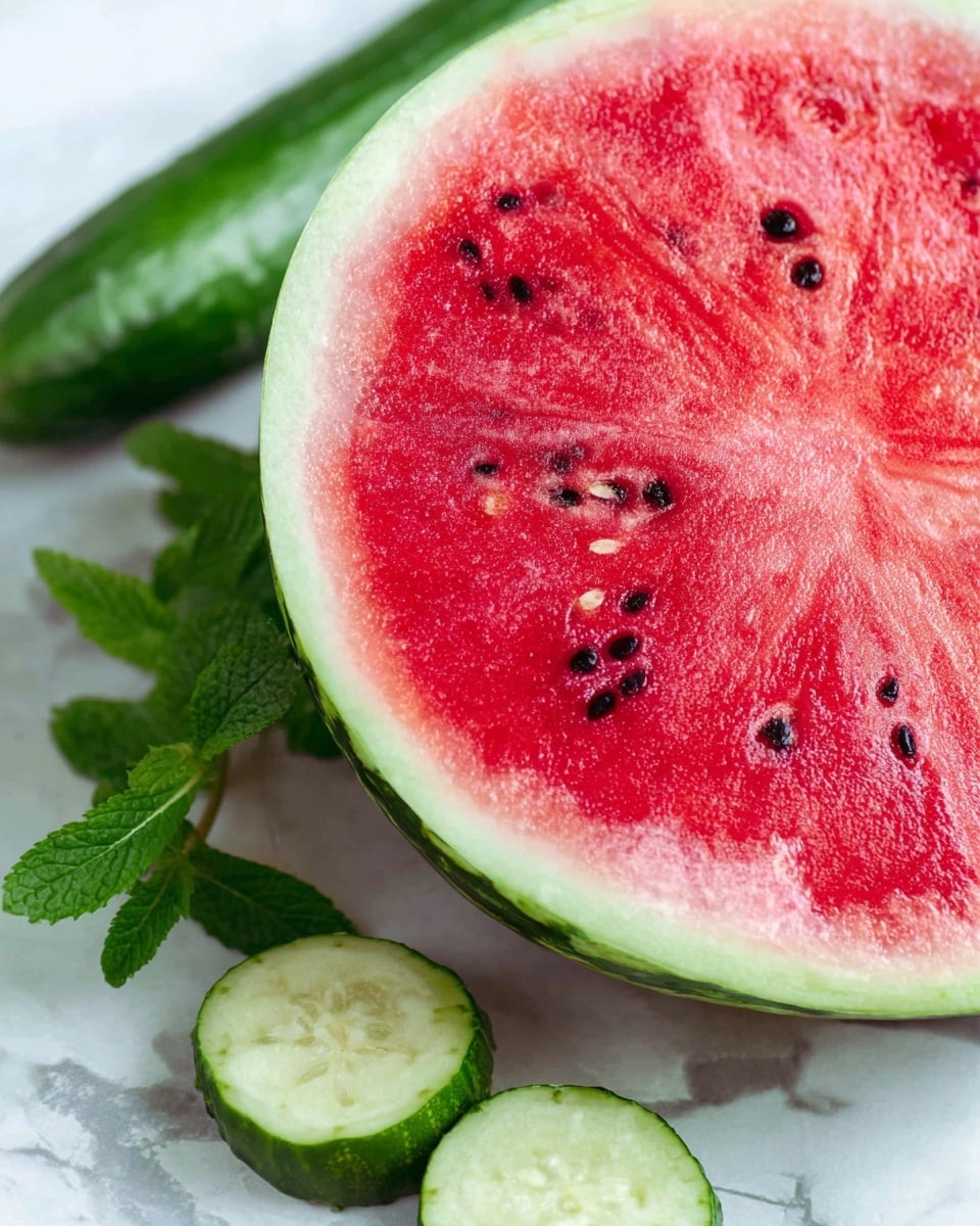 A close-up image showing one large watermelon half with a thick green rind and bright red flesh filled with black seeds scattered unevenly throughout. The watermelon is placed on a white marbled surface, with a whole green cucumber and two lime halves nearby. In the background, fresh green mint leaves add a pop of color. The textures highlight the juicy, slightly fibrous flesh of the watermelon and the smooth surfaces of the cucumber and limes. photo taken with an iphone --ar 4:5 --v 7