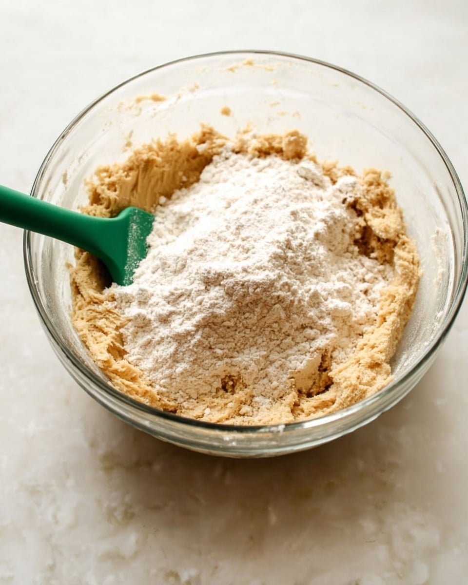 A clear glass bowl is filled with two layers of ingredients: the bottom layer is light brown dough with a thick, soft texture, and the top layer is a large pile of fine white flour resting on top of the dough. A green silicone spatula is partially submerged in the dough on the left side, blending the dough and flour together. The bowl is placed on a white marbled surface. photo taken with an iphone --ar 4:5 --v 7