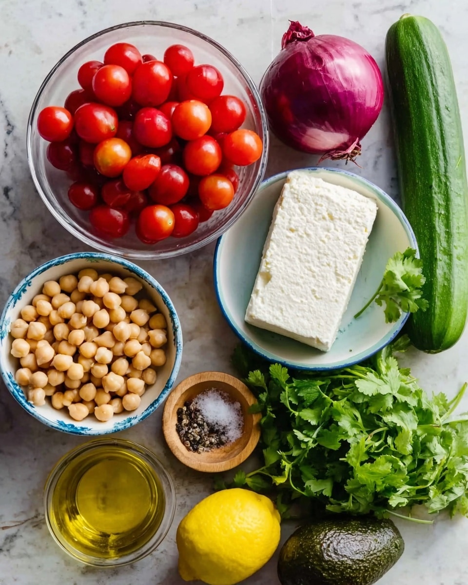 A collection of fresh salad ingredients is arranged on a white marbled surface, including a clear glass bowl filled with small bright red cherry tomatoes on the left, a whole red onion with a shiny purple-red skin at the top center, a long dark green cucumber lying horizontally in the middle, and a large block of white feta cheese placed inside a white bowl with a blue rim on the right. Below these, a vibrant bunch of fresh green cilantro leaves is spread out, next to a white bowl filled with light beige chickpeas. At the bottom left, a dark green avocado and a whole yellow lemon are placed next to a small glass container with golden olive oil and a tiny wooden bowl holding black pepper and salt. Photo taken with an iphone --ar 4:5 --v 7