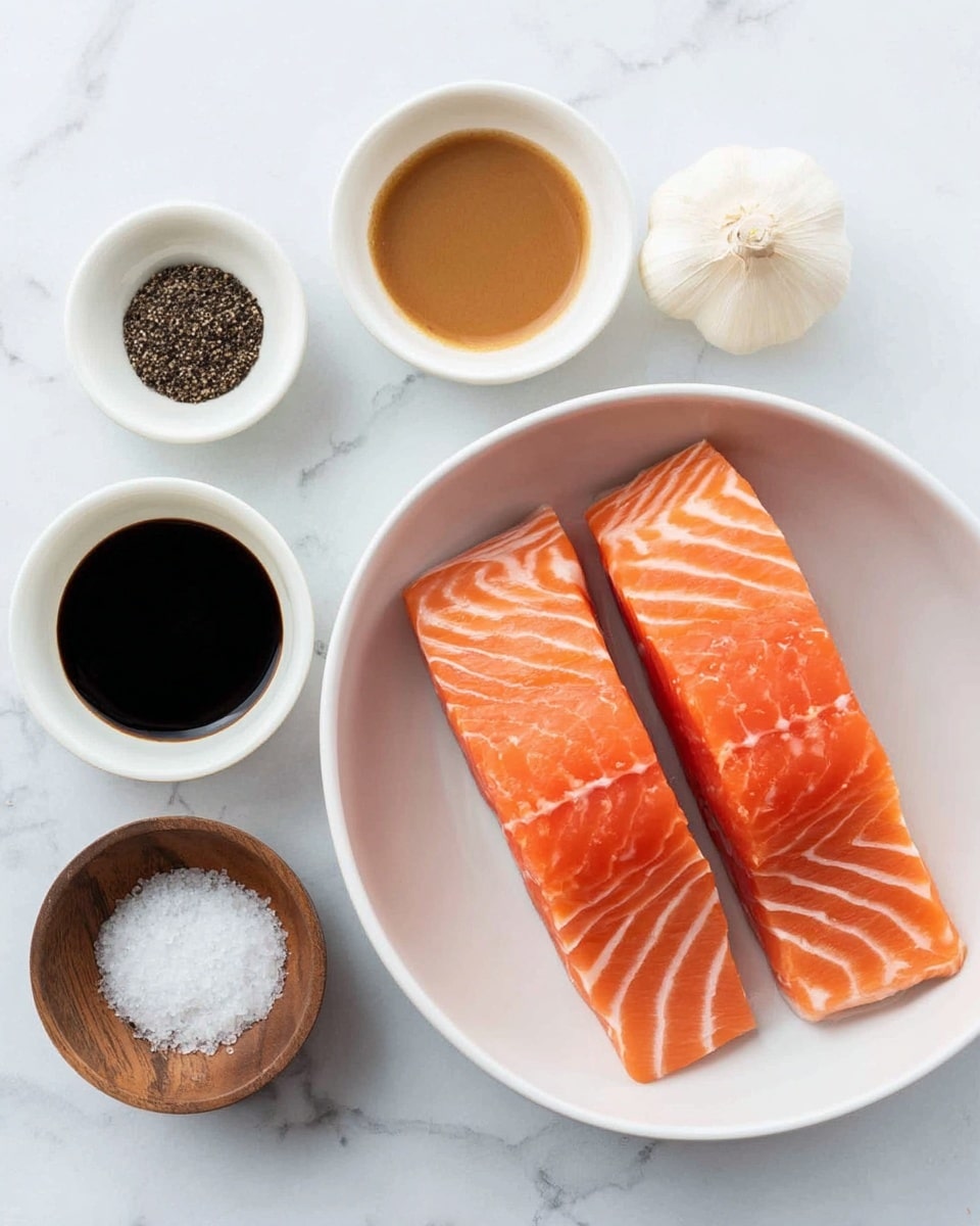 Two fresh orange salmon fillets with thin white lines running through them lie side by side in a white shallow bowl on the right side of the image. To the left, four small white bowls contain different ingredients: the top one holds a dark soy sauce, the second down has a whole garlic bulb with white papery skin, the third contains a light brown sauce, and the bottom left one has a wooden bowl filled with white salt and black pepper. All bowls and the white shallow bowl rest on a white marbled surface. Photo taken with an iphone --ar 4:5 --v 7