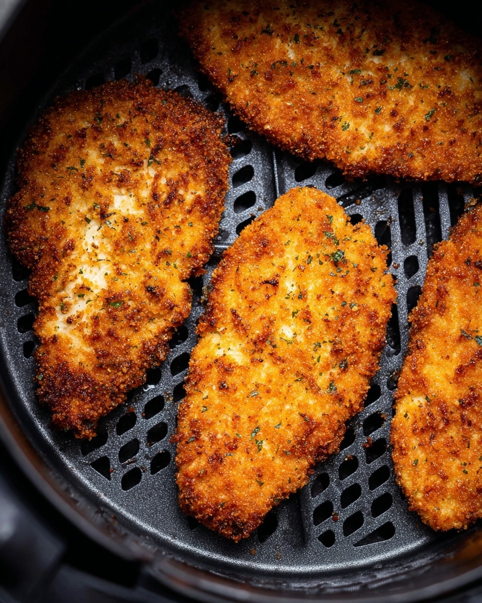 The image shows three pieces of breaded and crispy cutlets inside a black air fryer basket. The cutlets have a golden brown color with a rough texture from the coating and some visible herbs sprinkled on top. The cutlets vary in size, with two larger ones placed toward the left and right edges and a smaller piece near the bottom right corner. The inside of the air fryer basket has a dark metal grid surface with holes that allow air circulation. The image captures the crispy, cooked texture of the breaded cutlets clearly. Photo taken with an iphone --ar 4:5 --v 7
