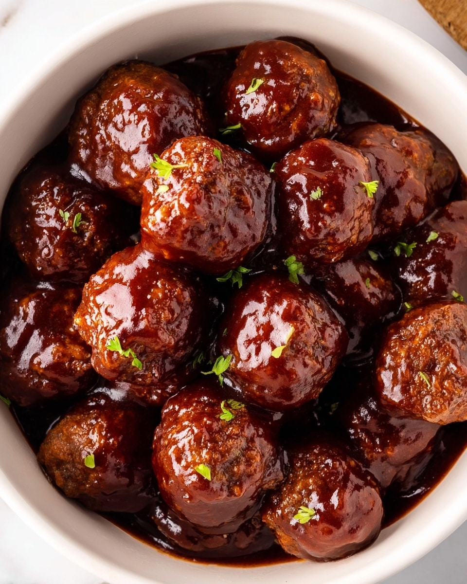 A white bowl filled with about twenty round meatballs, each coated in a thick, shiny dark brown sauce that covers most of their surface. The meatballs show a textured, slightly rough look under the sauce, with small bits sticking out. The sauce pools at the bottom of the bowl, creating a rich background layer, while a few small green herb pieces are sprinkled on top, adding a touch of color contrast. The white bowl sits on a white marbled surface, and the lighting highlights the glossy finish of the sauce. photo taken with an iphone --ar 4:5 --v 7