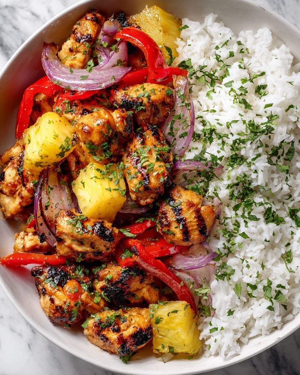 This dish shows a white bowl filled with white rice on the right side, sprinkled with chopped green herbs. On the left side, there are grilled chicken pieces with a golden-brown color and char marks, mixed with bright yellow pineapple chunks, thin red bell pepper strips, and slices of purple onion, all topped with more chopped green herbs. The bowl is placed on a white marbled surface. photo taken with an iphone --ar 4:5 --v 7