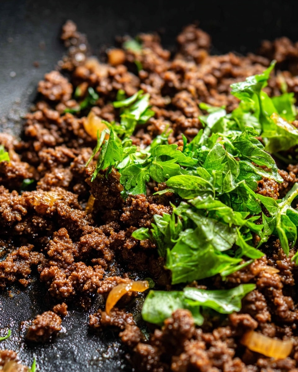 The image shows a close-up of cooked ground meat in a black pan. The meat is dark brown with a crumbly texture, mixed with small pieces of golden-brown cooked onion. On top, there are fresh green herb leaves that stand out with their bright color and slightly shiny surface. The pan has a slight shine from the cooking oil, and the focus highlights the moisture and texture of the meat and herbs. photo taken with an iphone --ar 4:5 --v 7