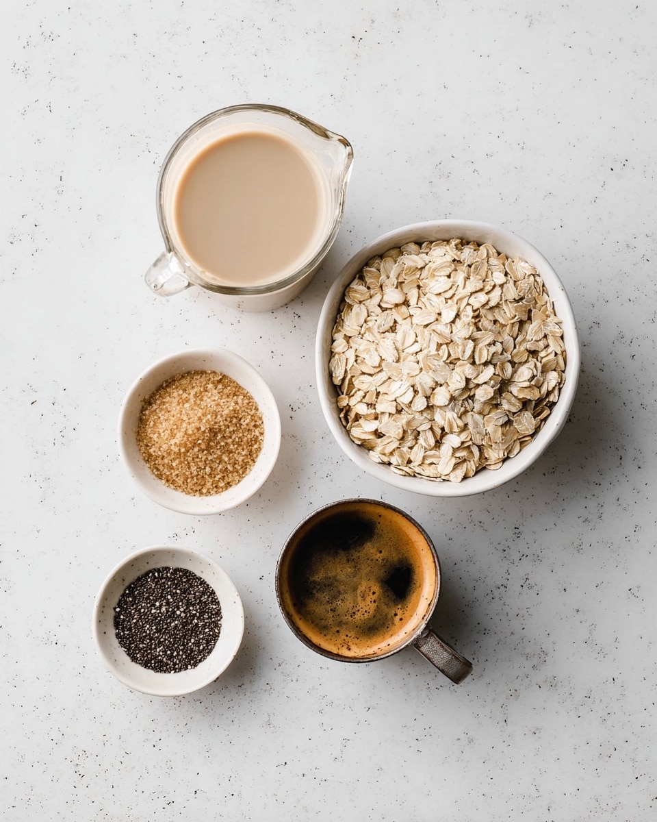 The image shows five containers on a white marbled surface, arranged in a loose circle. At the top right, there is a white bowl filled with light beige rolled oats. To the top left, a clear glass jug contains a creamy beige liquid. Below and slightly to the left of the oats, a small white bowl holds light brown soft sugar. Directly below this, another small white bowl contains tiny black chia seeds scattered inside. To the right of the chia seeds, a small metal cup filled with dark brown coffee or espresso with light foam on top completes the setup. Photo taken with an iphone --ar 4:5 --v 7