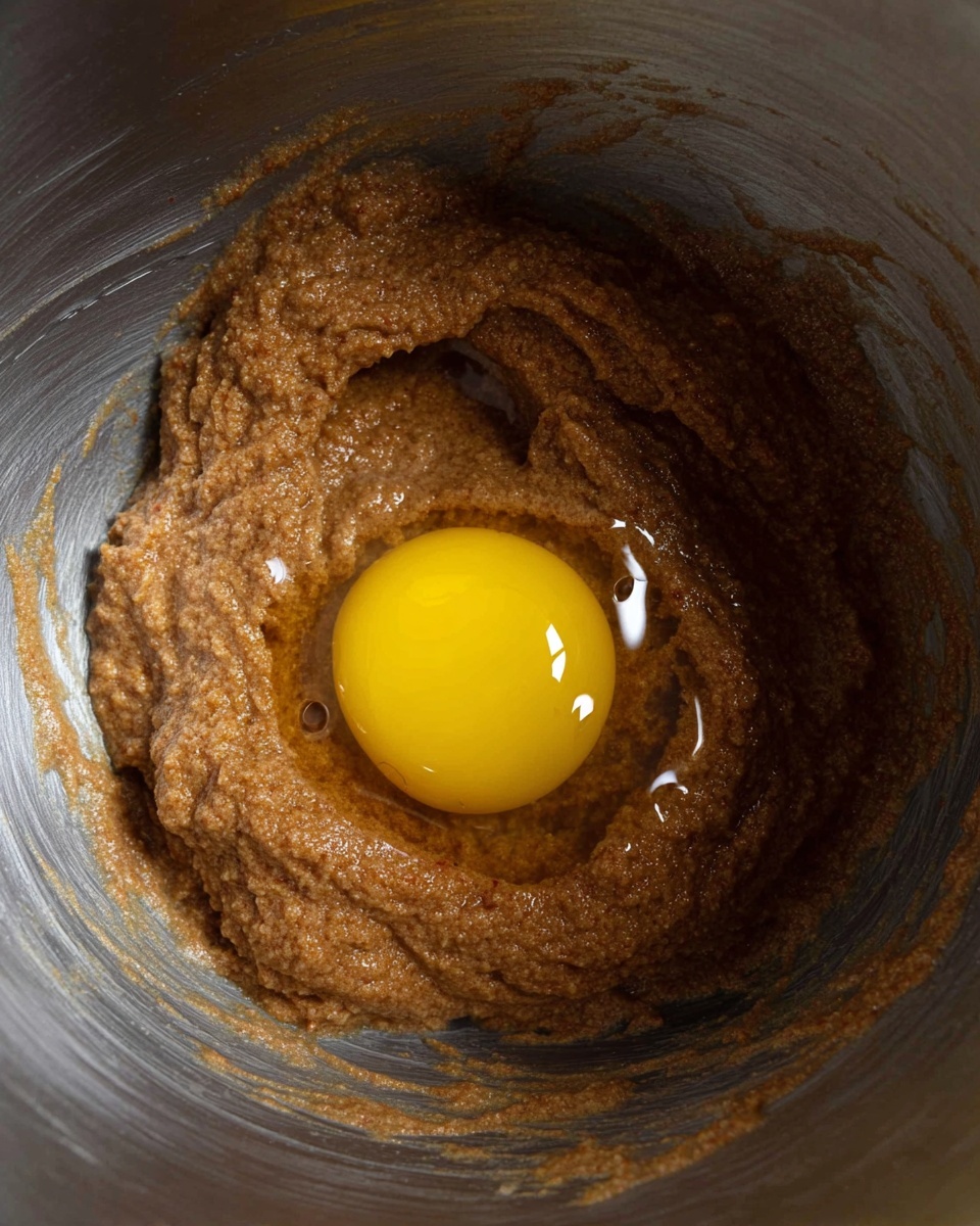 A metal mixing bowl holds a thick, brown batter with a rough texture filling most of the space, centered inside is a raw egg yolk sitting on top of the batter with its smooth, bright yellow surface reflecting light, small glossy drops of egg white surround the yolk, and the inside wall of the bowl shows streaks and swirls of batter. photo taken with an iphone --ar 4:5 --v 7