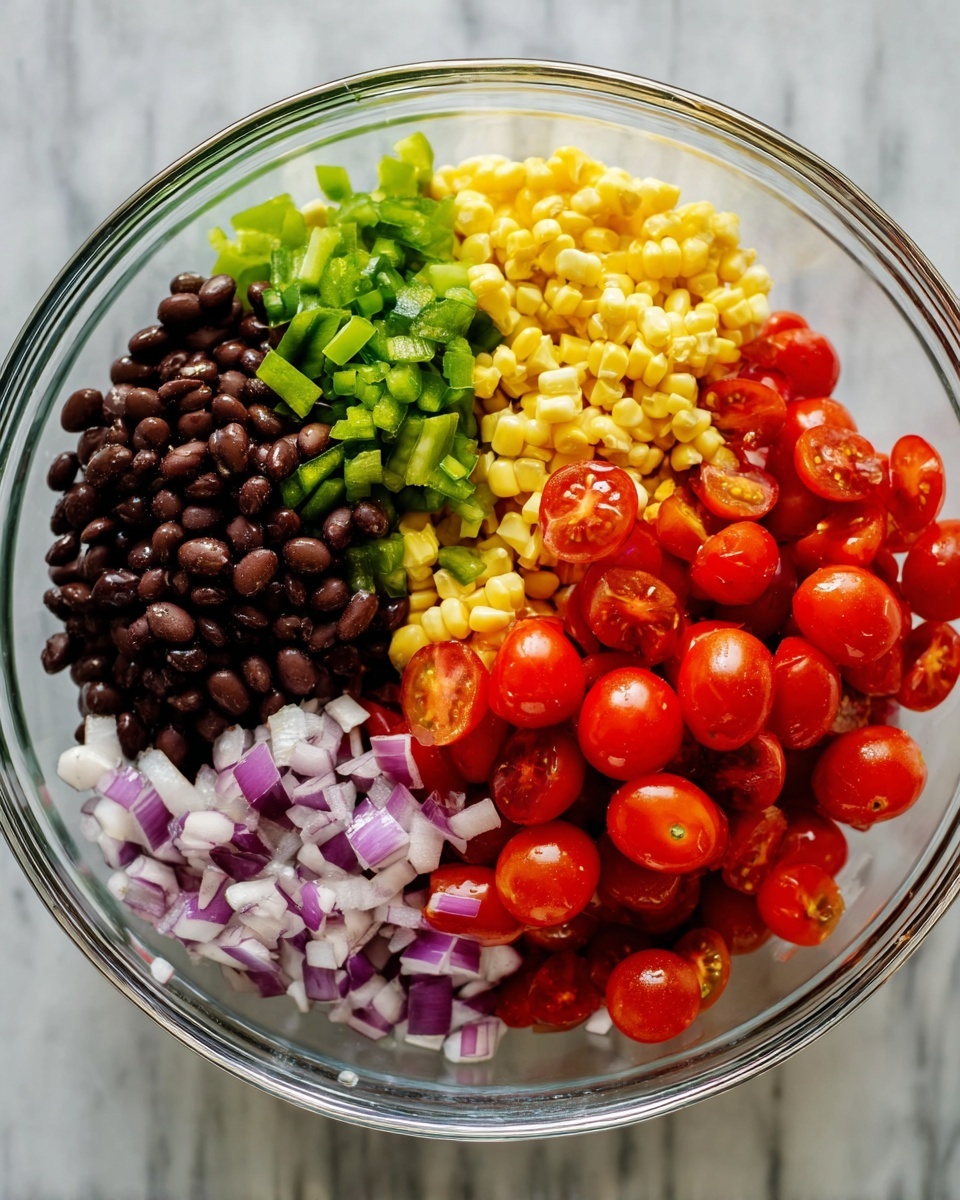 A clear glass bowl holds five separate layers of fresh ingredients arranged side by side: dark black beans on the left, finely chopped green bell peppers just below them, bright yellow grilled corn to the right of the peppers, diced purple onions above the corn, and a pile of whole and halved red cherry tomatoes covering the upper right section. The bowl sits on a white marbled surface. photo taken with an iphone --ar 4:5 --v 7
