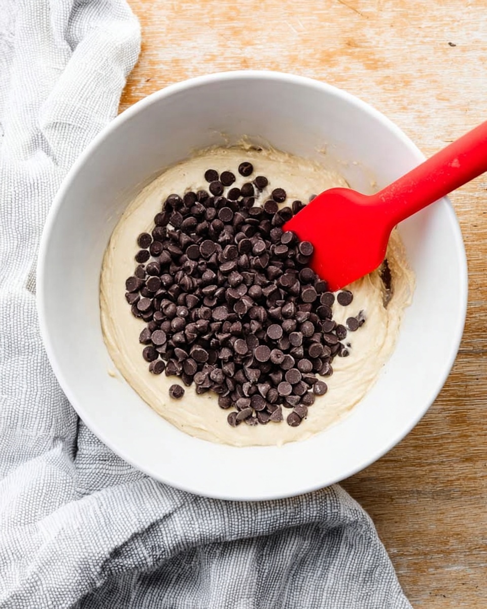 A white bowl filled with two layers of ingredients; the bottom layer is a smooth, pale beige batter with a creamy texture, and on top of it is a pile of small, dark brown chocolate chips covering just over half of the batter. A bright red silicone spatula with a smooth surface is resting inside the bowl, partially touching the batter and chocolate chips. The bowl sits on a wooden surface with a light gray and white striped cloth partially wrapped around it. Photo taken with an iphone --ar 4:5 --v 7