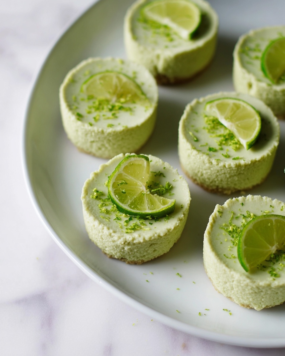 The image shows seven small round lime green desserts arranged on a white plate, each with a rough textured top layer that looks creamy or mousse-like. On top of each dessert is a small wedge of bright green lime and sprinkled green lime zest. The plate sits on a white marbled surface. The colors are soft with a fresh and natural look, and the lime pieces add a fresh pop of bright green. photo taken with an iphone --ar 4:5 --v 7