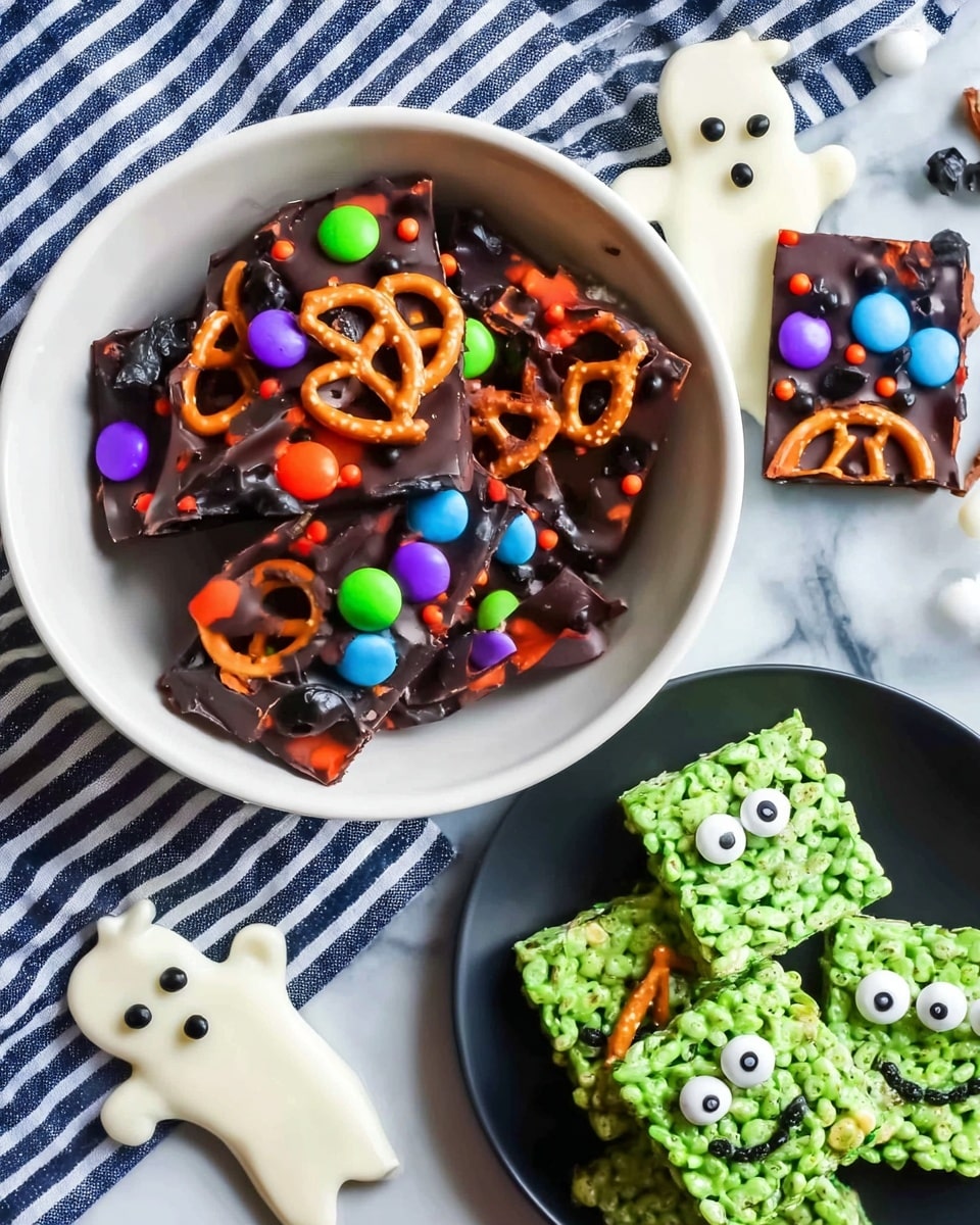 A stack of four square chocolate bark pieces is shown, each piece dark brown with an uneven texture, topped with bright orange pretzels, green and purple round candies, and white candy eyes, all scattered with small colorful sprinkles in orange, green, purple, and black. The pieces are placed on a white plate with a smaller orange bowl inside it, sitting on a white marbled surface. The arrangement is lively and colorful, with the orange pretzels adding a striking contrast against the dark chocolate. Photo taken with an iphone --ar 4:5 --v 7