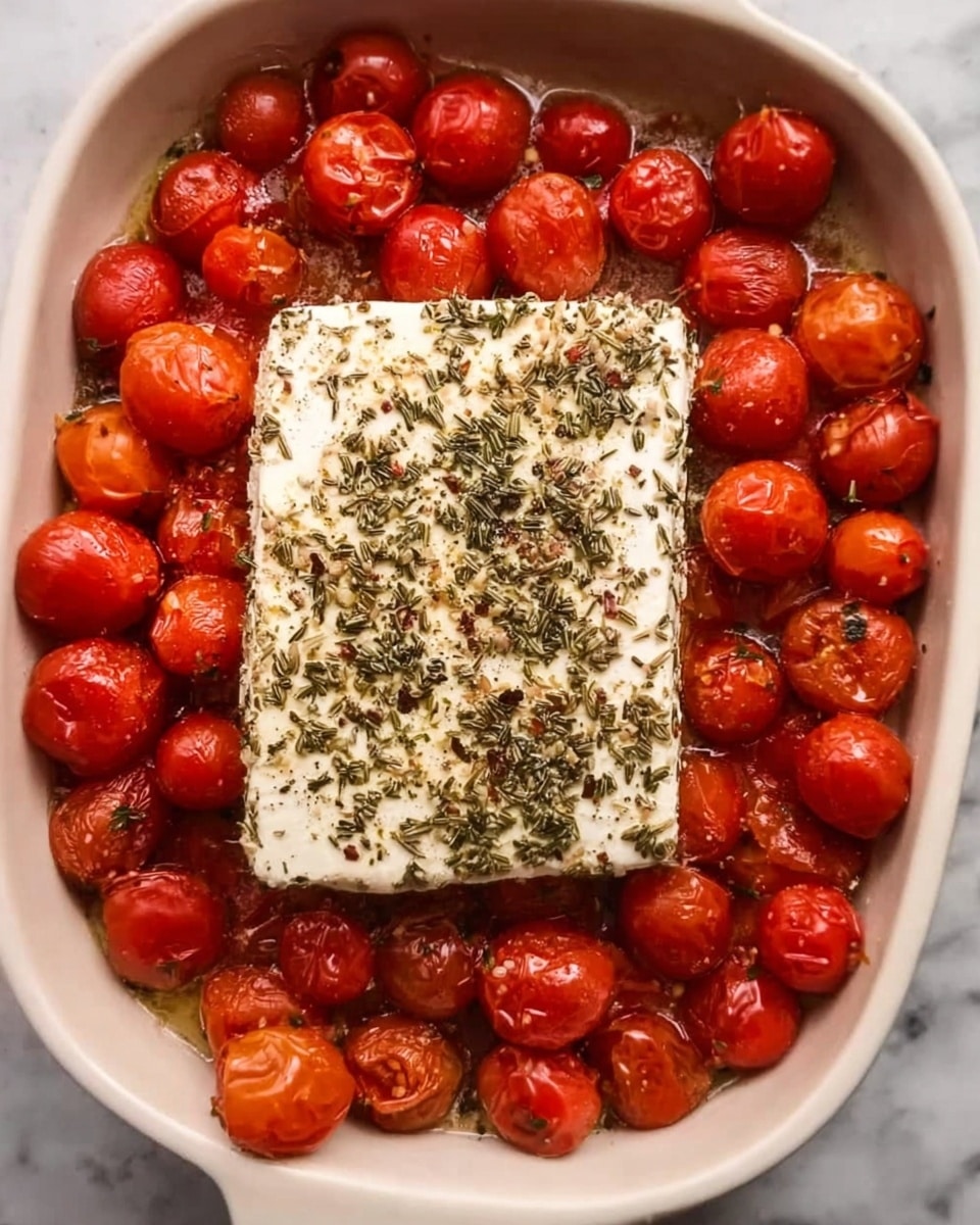 The image shows a white ceramic dish filled with a layer of small, bright red cherry tomatoes that are whole and slightly shiny, surrounded around a block of white cheese placed in the center. The cheese has a rough texture with dried herbs sprinkled evenly all over its surface. The tomatoes also have some herbs scattered on them, giving a slight green and brown speckled effect. The surface under the dish is a white marbled texture. Photo taken with an iphone --ar 4:5 --v 7