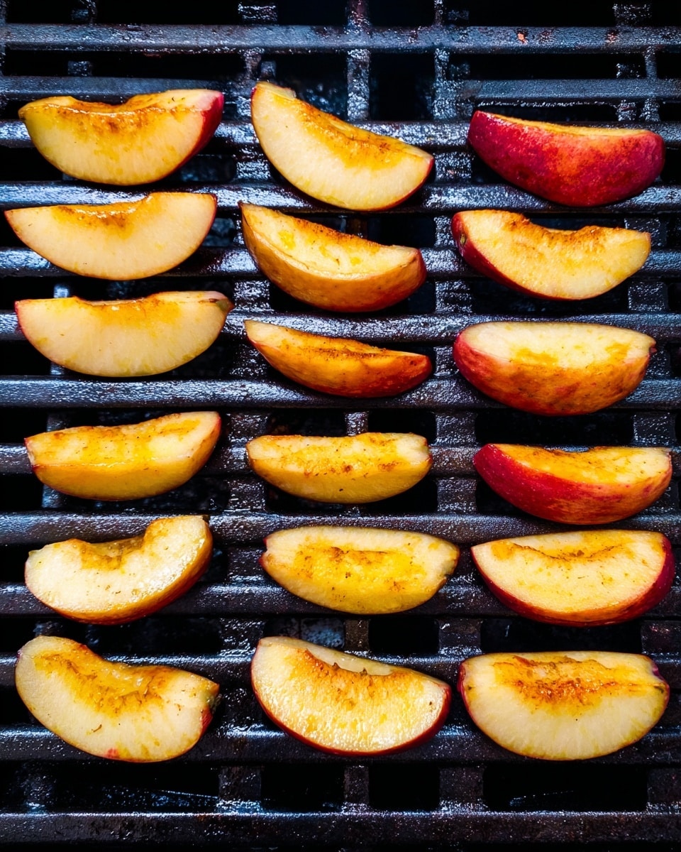 Three rows of apple slices are placed on black grill bars, each slice showing a yellowish inside with red skin edges. The left and right rows have nine slices each, lighter in color, while the middle row has seven slices that are more orange-red and slightly charred. The grill bars are dark and metal, with some light reflections and minor food particles visible. The background shows the gaps between the grill rods with black spaces. photo taken with an iphone --ar 4:5 --v 7