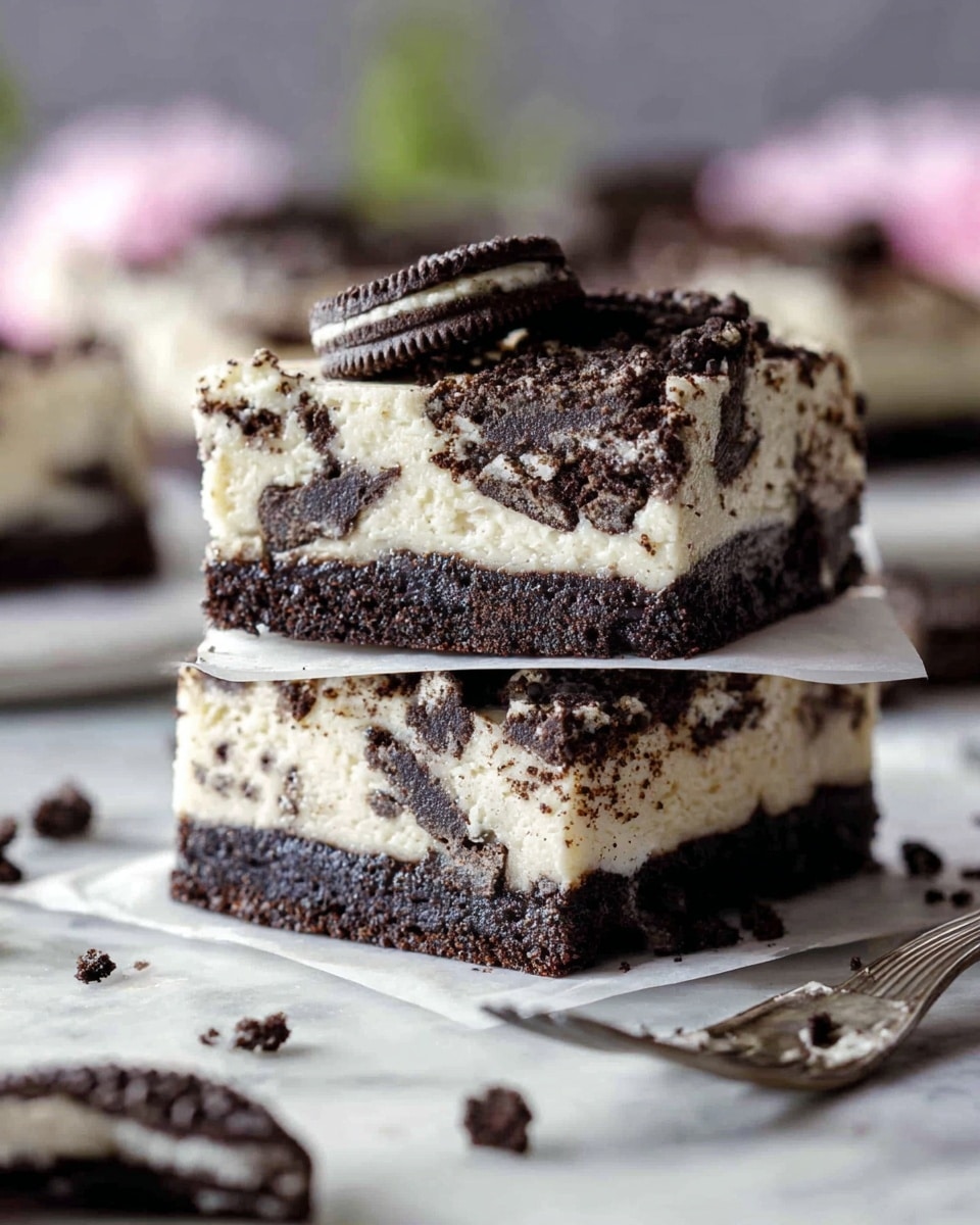 The image shows two square cookie and cream bars stacked on top of each other with white parchment paper in between. Each bar has three visible layers: a dark, crumbly chocolate cookie base, a thick creamy white middle layer mixed with broken dark cookie pieces, and a top layer dotted with whole and crushed chocolate sandwich cookies. The bars have a textured, slightly rough look from the cookie crumbs. Some cookie crumbs are scattered around the bars on a white marbled surface. A silver fork is placed in the bottom right corner. The background has a soft blurred effect with hints of light colors, making the bars the clear focus. photo taken with an iphone --ar 4:5 --v 7