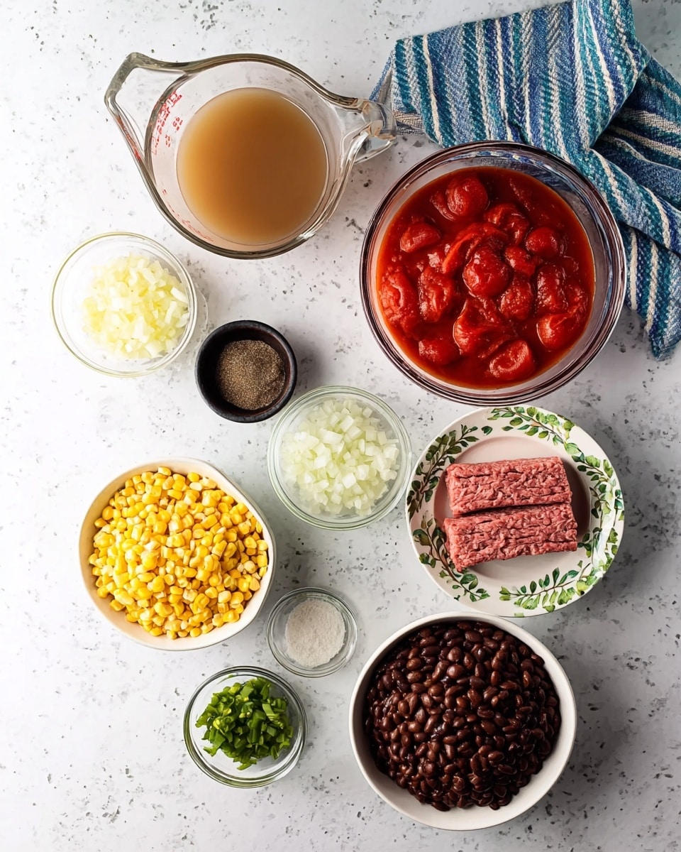 The image shows several ingredients arranged on a white marbled surface. On the top right, there is a white bowl with green leaf designs filled with raw ground meat shaped in three long strips. Next to it on the top left is a clear measuring cup with light brown broth. Below the broth, a small black bowl holds dark brown spices. In the center, a clear glass bowl has finely chopped white onions. To its right, a large clear bowl contains bright red whole peeled tomatoes in sauce, partially covered by a blue and white striped cloth. In the bottom left, a white bowl is filled with yellow corn kernels. Next to it, a small white bowl contains green chopped chilies, and another small clear bowl has a small amount of minced garlic. Below the chilies, a larger clear bowl is filled with dark brown refried beans. The overall setup is neat and colorful with a white marbled background photo taken with an iphone --ar 4:5 --v 7