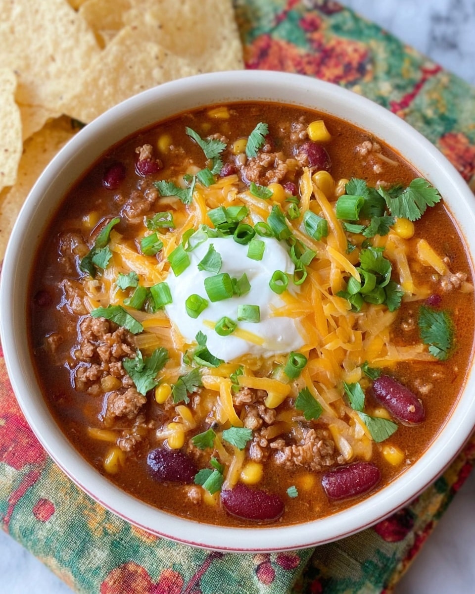 A white bowl filled with chili soup showing three main visible layers: the deep reddish-brown chili base with ground meat, red kidney beans, corn kernels, and small pieces of tomato; on top, a dollop of white sour cream sitting in the center; sprinkled over the sour cream and chili are bright orange shredded cheese, chopped green onions, and fresh green cilantro leaves scattered evenly. The bowl is placed on a cloth with a colorful pattern, and a few light beige tortilla chips rest beside it on a white marbled surface photo taken with an iphone --ar 4:5 --v 7