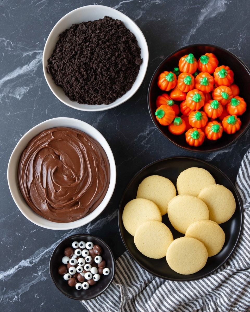 The image shows five bowls and plates with different food items on a dark background changed to a white marbled texture. At the center left is a white bowl filled with thick, smooth dark brown chocolate spread. Above it, a white bowl contains dark, crumbly chocolate cookie crumbs. To the right, a black bowl holds many small orange candy pumpkins with green tops. Below the cookie crumbs is another black bowl filled with small candy eyes, white with black pupils. At the bottom right is a black plate holding nine pale yellow vanilla cookies, each dipped partially in chocolate on one edge. The bottom right corner has a black and white striped cloth partially visible. Photo taken with an iphone --ar 4:5 --v 7