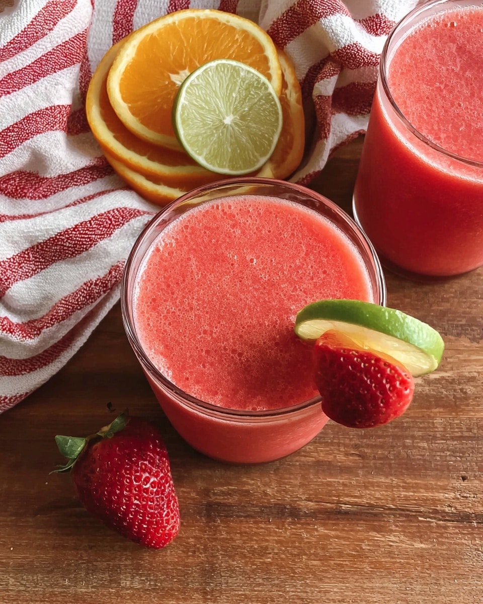 Two clear glasses filled with bright pink strawberry smoothie, one glass garnished with half a red strawberry on its rim; a whole red strawberry lies on the wooden surface next to them. Behind the glasses, a white and red striped cloth holds two citrus wedges stacked on each other, an orange wedge on top and a lime wedge underneath, with another lime wedge partially visible to the side. The whole setup rests on a brown wooden surface. photo taken with an iphone --ar 4:5 --v 7