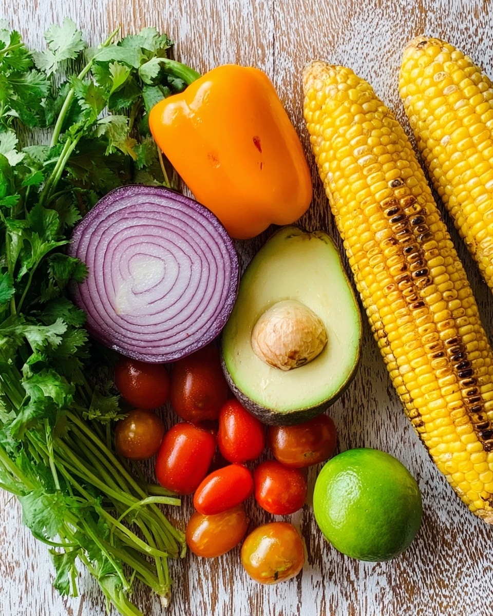 The image shows fresh ingredients placed on a wooden surface with a white marbled texture. On the top right, there are two golden grilled corn ears with char marks. Below them, there is a halved light green avocado showing its smooth inner flesh. To the left of the avocado, a halved purple onion with white streaks is framed by a cluster of small, round, red cherry tomatoes. Next to the onion is a bright orange bell pepper with a shiny surface. Beside the pepper, vibrant green cilantro leaves extend to the left side. A bright green lime with a smooth skin is positioned near the bottom center, partially surrounded by more cherry tomatoes. The composition is colorful and fresh, arranged neatly to show a variety of textures and colors photo taken with an iphone --ar 4:5 --v 7