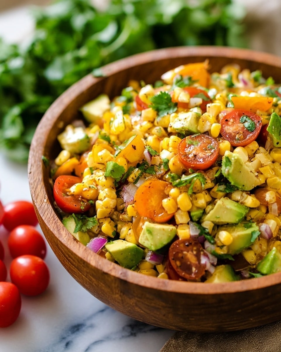 A close-up of a wooden bowl filled with a colorful corn salad, showing three visible layers: the top layer is bright yellow grilled corn kernels, the middle layer has chopped light green avocado pieces, and the bottom layer contains small red cherry tomato halves and orange bell pepper chunks mixed with bits of red onion and fresh green cilantro leaves; the bowl sits on a white marbled surface with a small bunch of red cherry tomatoes on the left side, and a blurred green leafy background is seen behind the bowl, photo taken with an iphone --ar 4:5 --v 7
