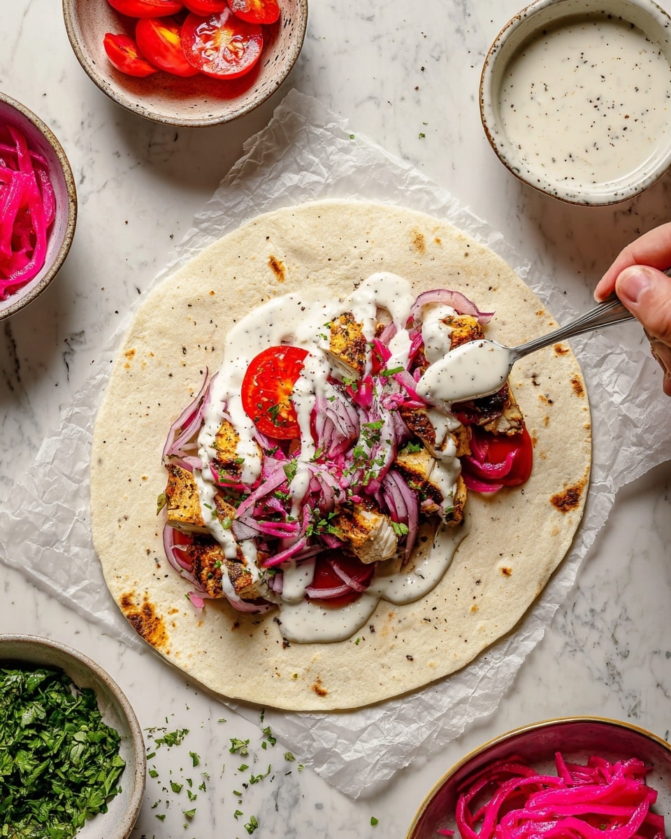 A white thin flatbread lies open on a white marbled surface, with layers of food arranged in the center. The first layer shows pieces of cooked golden-brown seasoned chicken, followed by bright red tomato slices placed evenly over the chicken. On top of this, thin purple onion strips and small chopped dark green parsley leaves are scattered. Bright pink pickled vegetable strips add a splash of color around the top. A silver spoon held by a woman's hand is drizzling creamy white sauce with black specks over everything, creating contrast and shine. Surrounding the flatbread are white bowls containing more tomato slices, red onion slices with parsley, creamy sauce, and a small dish of pink pickled strips, with some chopped parsley spread around the marble surface. Photo taken with an iphone --ar 4:5 --v 7