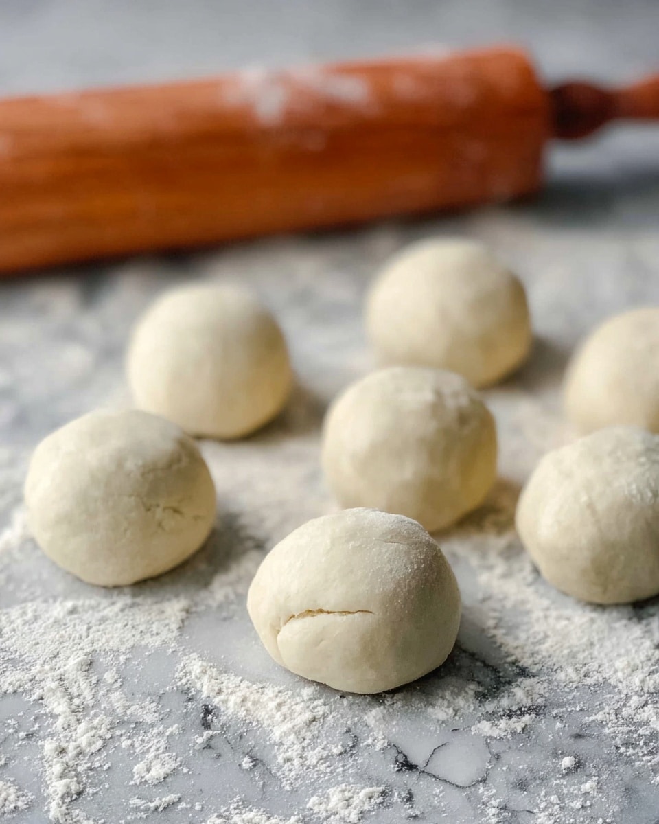 The image shows seven small round dough balls arranged on a white marbled surface sprinkled with flour. In the background, slightly out of focus, there is a wooden rolling pin lying horizontally. The dough balls are smooth and light cream in color, with slight cracks indicating softness. The texture of the dough is fresh and elastic, and the surface has a light dusting of flour adding a powdery white contrast to the smooth dough. photo taken with an iphone --ar 4:5 --v 7