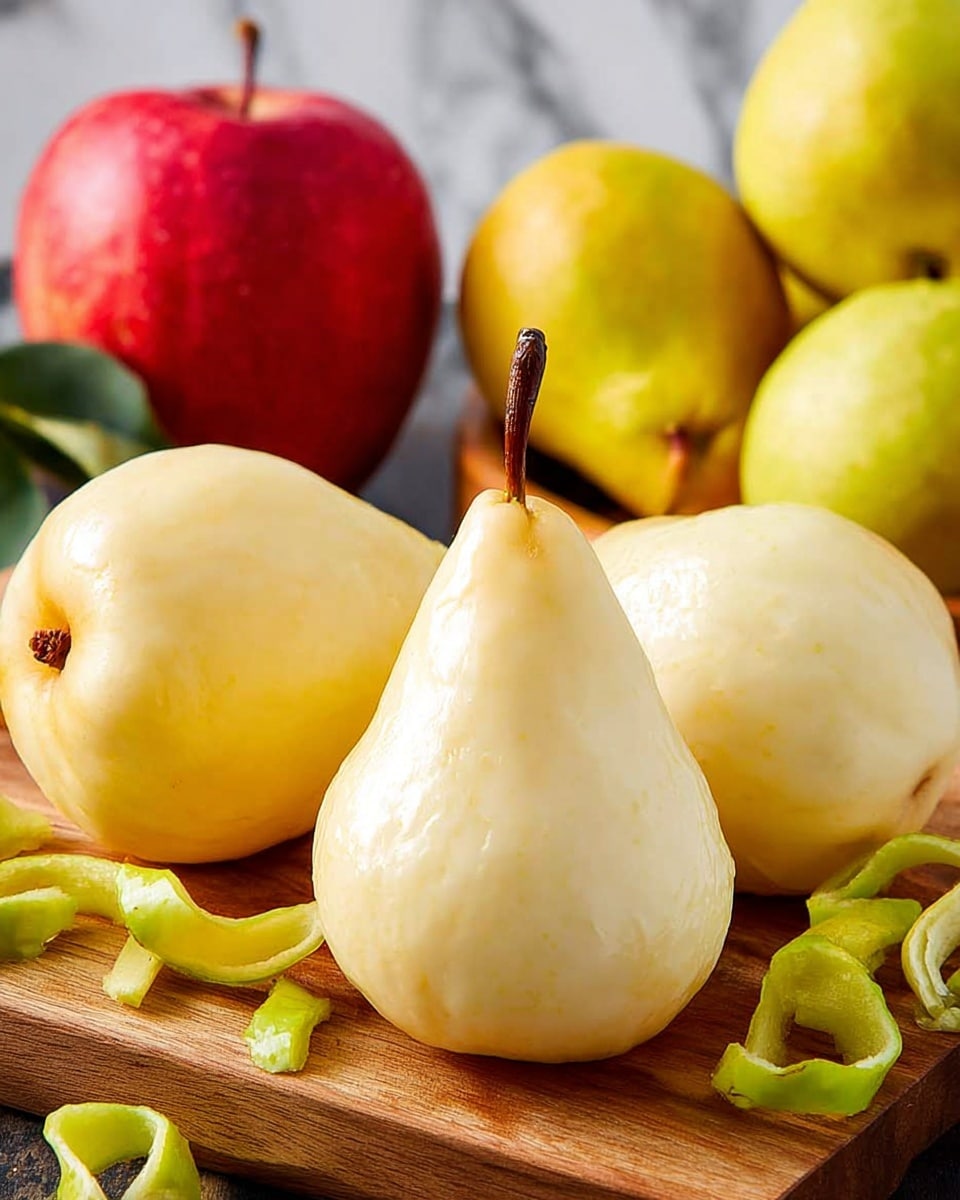 The image shows three peeled pears placed on a wooden cutting board, with the smooth, pale yellow skin and slightly shiny texture of the pears visible. One pear stands upright in the front center with a brown stem, while the other two rest on their sides. Around the pears are a few twists of greenish-yellow pear peel. In the background, there are whole yellow pears and a bright red apple, all sitting on the wooden board. The setting is against a background with a white marbled texture. Photo taken with an iphone --ar 4:5 --v 7