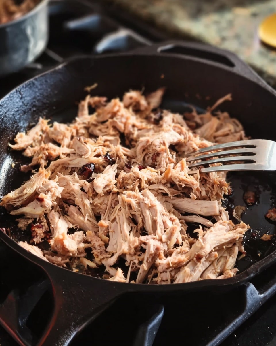 The image shows shredded cooked meat in a black cast iron pan on a stove. The meat is light brown with some darker brown bits mixed in, covering almost the entire surface of the pan. A silver fork is placed on the pan's right edge, with the tines touching the meat. The stove burner beneath the pan is visible, and the background has some blurred kitchen elements with dark tones. Photo taken with an iphone --ar 4:5 --v 7