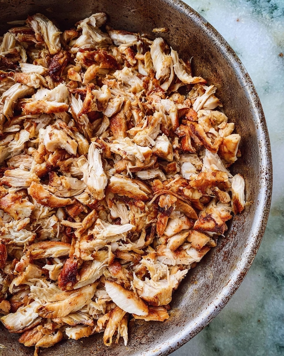 The image shows a metal pan full of shredded roasted chicken pieces. The chicken pieces are browned with golden and light brown shades, showing a mix of crispy edges and tender white meat inside. The pan has a worn texture with seasoning marks around the sides. The background has a white marbled texture. photo taken with an iphone --ar 4:5 --v 7