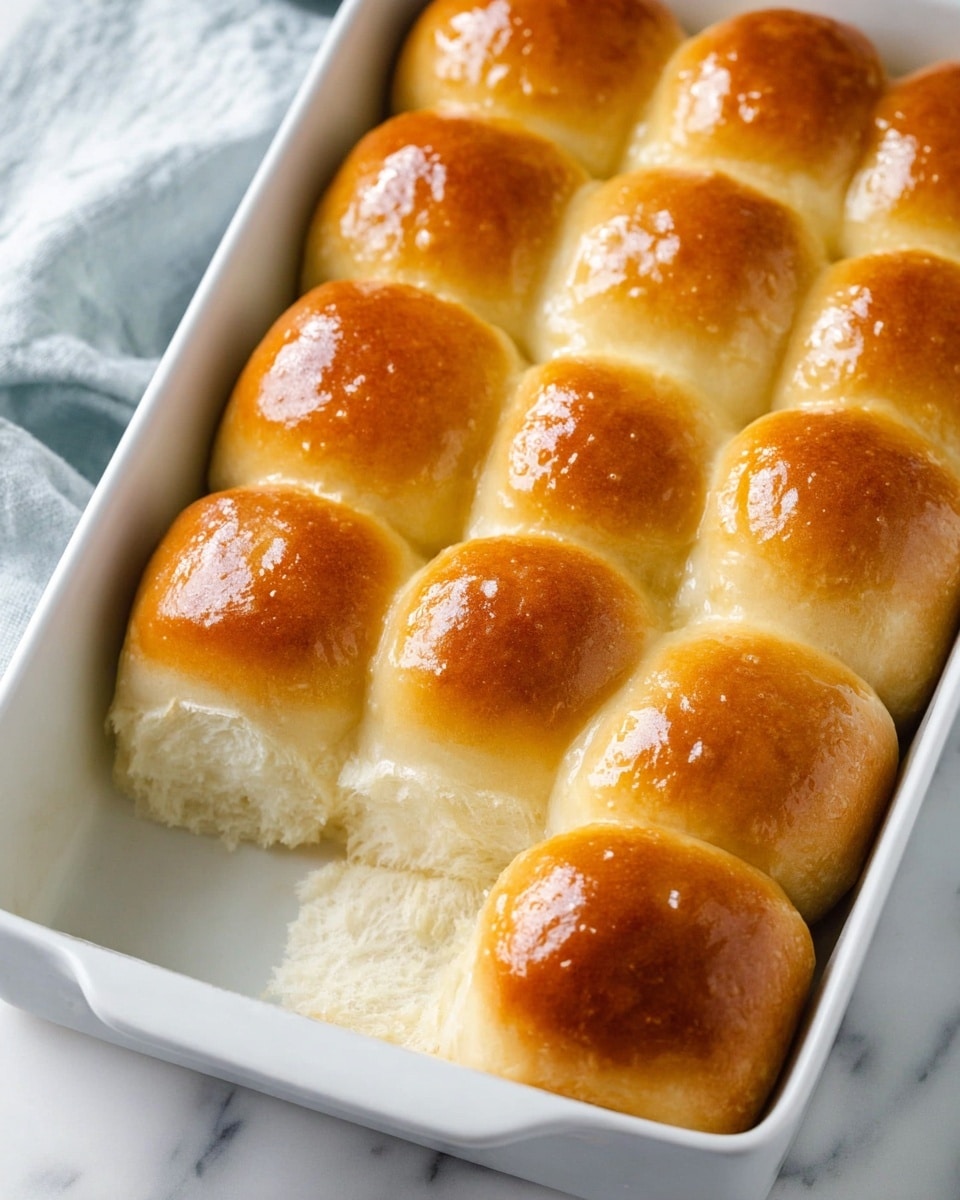 There are eleven shiny golden brown dinner rolls arranged tightly in a white rectangular baking dish, with one roll slightly pulled away at the bottom to show its soft, fluffy white inside. The rolls have a smooth, slightly glossy top and a light golden crust, with small gaps between them. The dish is on a white marbled surface with a soft cloth partially visible in the top left corner. photo taken with an iphone --ar 4:5 --v 7