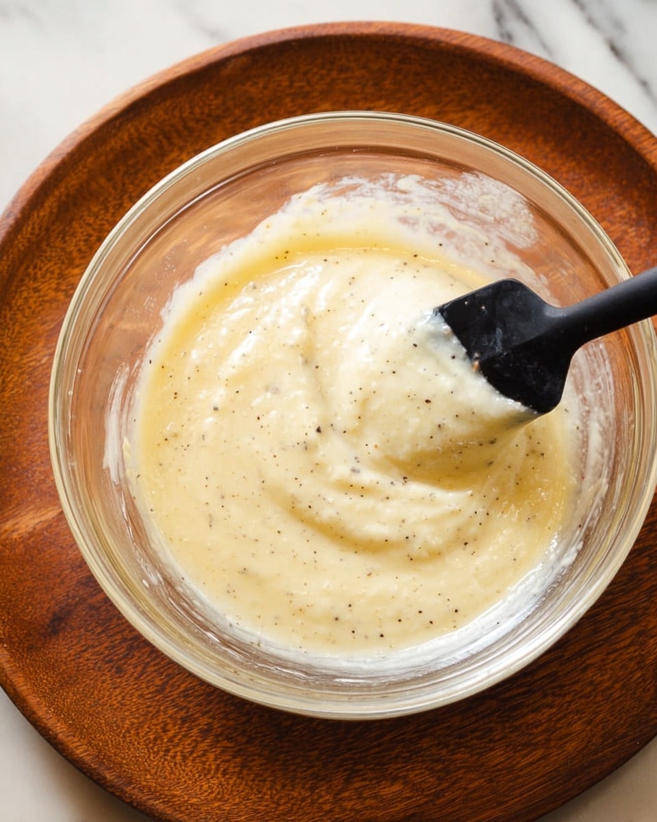 A clear glass bowl filled with a creamy, pale yellow mixture with small black specks, showing a smooth and slightly thick texture. A black spatula is stirring the mixture from above, with swirls visible where it has moved through the creamy content. The bowl sits on a round wooden board with a rich brown color. The background is a white marbled surface. photo taken with an iphone --ar 4:5 --v 7