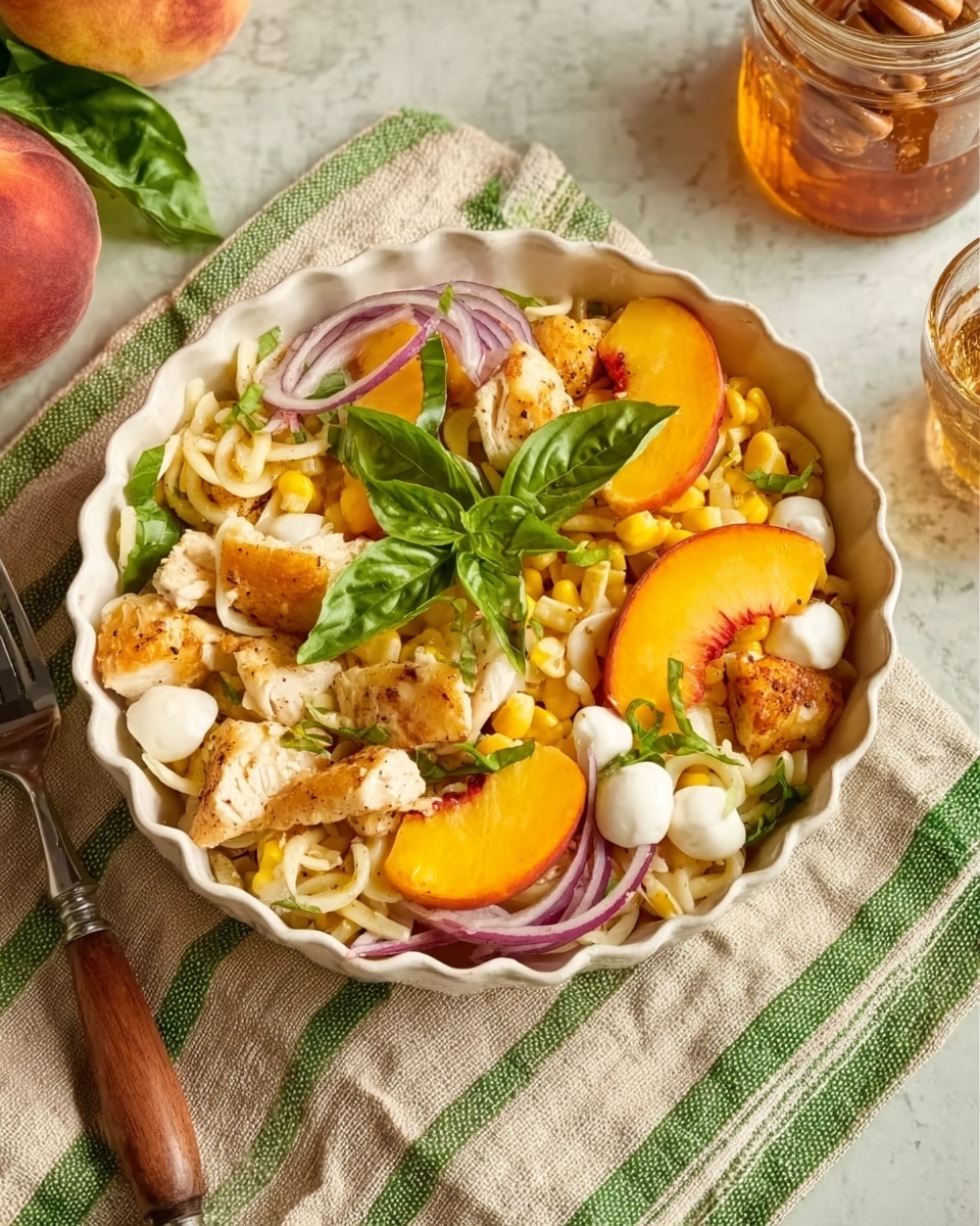 A white scalloped bowl filled with a colorful salad showing three main layers: the bottom layer has small rice-shaped pasta, thin slices of red onion, and pieces of fresh basil leaves scattered throughout; the middle layer contains bright yellow corn cut from the cob and small white mozzarella balls; the top layer has golden-brown pieces of cooked chicken, large wedges of orange peach, and a few whole basil leaves in the center. The bowl sits on a beige cloth with green stripes, with a silver fork with a wooden handle to the left, and a glass jar of honey with a honey dipper to the right, all placed on a white marbled surface. photo taken with an iphone --ar 4:5 --v 7