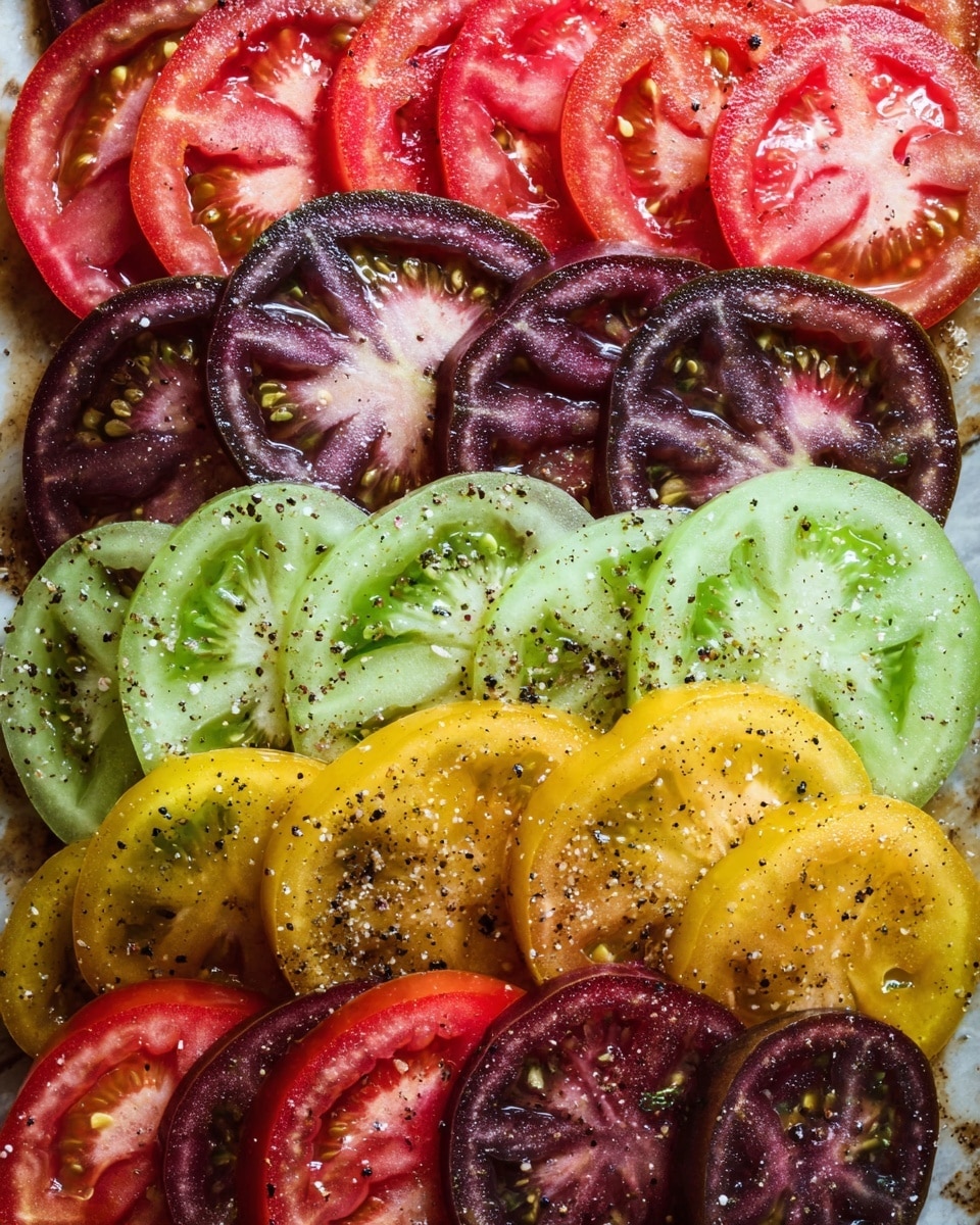 The dish shows several layers of thin tomato slices arranged closely in rows on a white marbled surface. The top layer is bright red tomatoes, next to layers of dark purple-red tomatoes. In the middle, there is a layer of pale green tomatoes with a fresh, almost translucent look. Towards the bottom, dark purple tomatoes mix with slices of yellow tomatoes, each sprinkled with black pepper and salt, adding small white and black dots across the colors. The textures show juicy and slightly wet tomato surfaces with their seeds and veins clearly visible. photo taken with an iphone --ar 4:5 --v 7