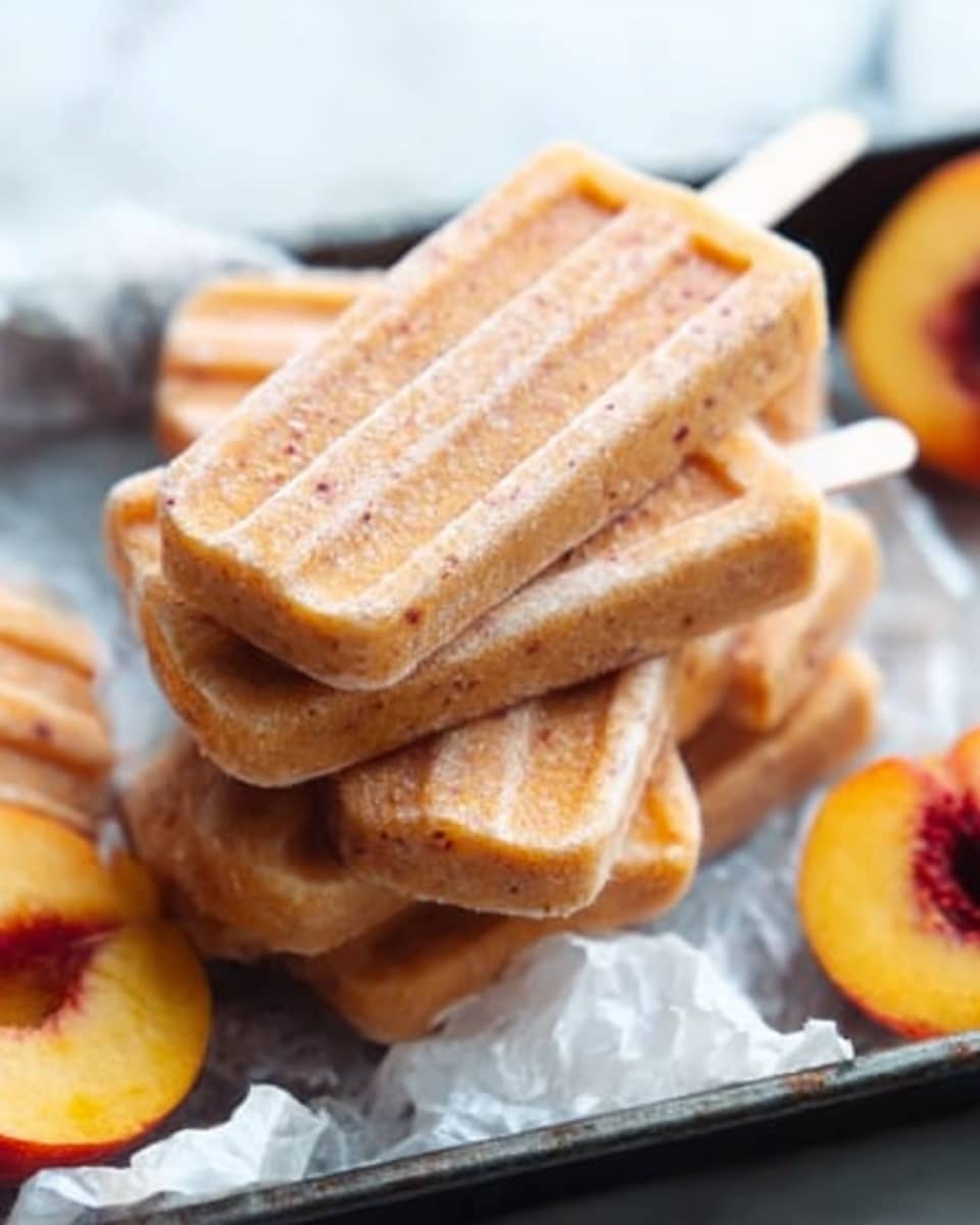 The image shows several peach popsicles with a textured, light orange color and small red specks, placed on a bed of ice cubes. Each popsicle has a wooden stick at the bottom. A bright yellow and red half peach is positioned near the popsicles, showing its seed in the center. The setting is on a white marbled textured surface. photo taken with an iphone --ar 4:5 --v 7