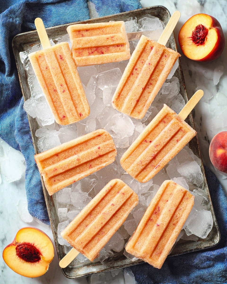 There are eight peach-colored popsicles with small red specks arranged on a bed of ice cubes inside a metal tray. The popsicles have vertical ridges and wooden sticks pointing outward. On the tray, to the left side, there is a whole peach, and on the lower right corner, there is a half peach showing the pit. The background surface is a white marbled texture. photo taken with an iphone --ar 4:5 --v 7
