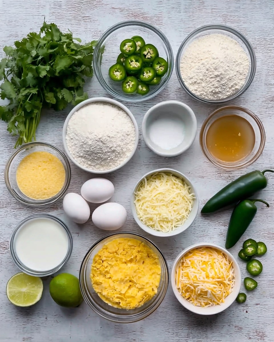 The image shows a top view of several clear glass bowls and small white dishes arranged neatly on a white marbled surface, each holding different cooking ingredients. On the left side, a bunch of fresh green cilantro lies next to a small bowl of sliced green jalapenos and a bowl with white shredded cheese. Above them are larger glass bowls filled with white flour and yellow cornmeal. Moving right, two white eggs sit beside a small bowl of white liquid, a bowl of golden-brown liquid, a bowl containing mixed shredded cheeses in white and yellow, and a small dish of salt. A white bowl holds whisked yellow eggs. There is also a sliced lime and some green jalapeno pieces near the bottom right. The layout is tidy and colorful, set on a neutral white marbled textured surface. photo taken with an iphone --ar 4:5 --v 7